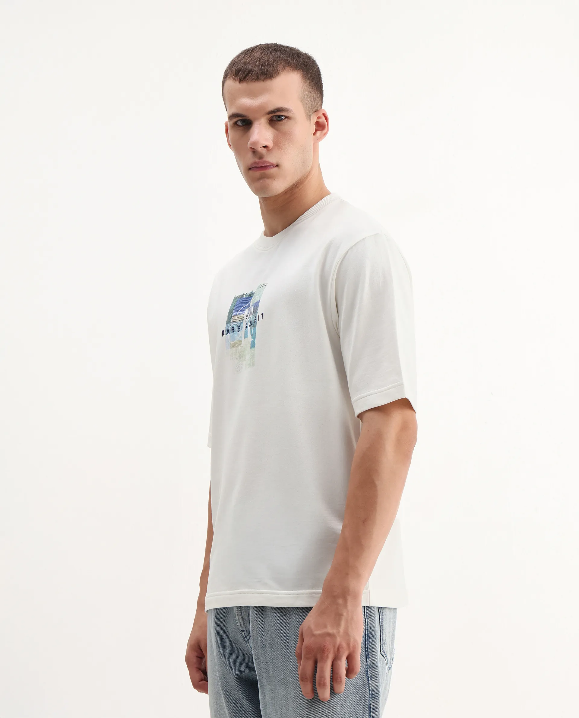 Rare Rabbit Men's Fore Off White Cotton Graphic Print Relaxed Fit Half Sleeve Crew Neck T-Shirt - Image 5