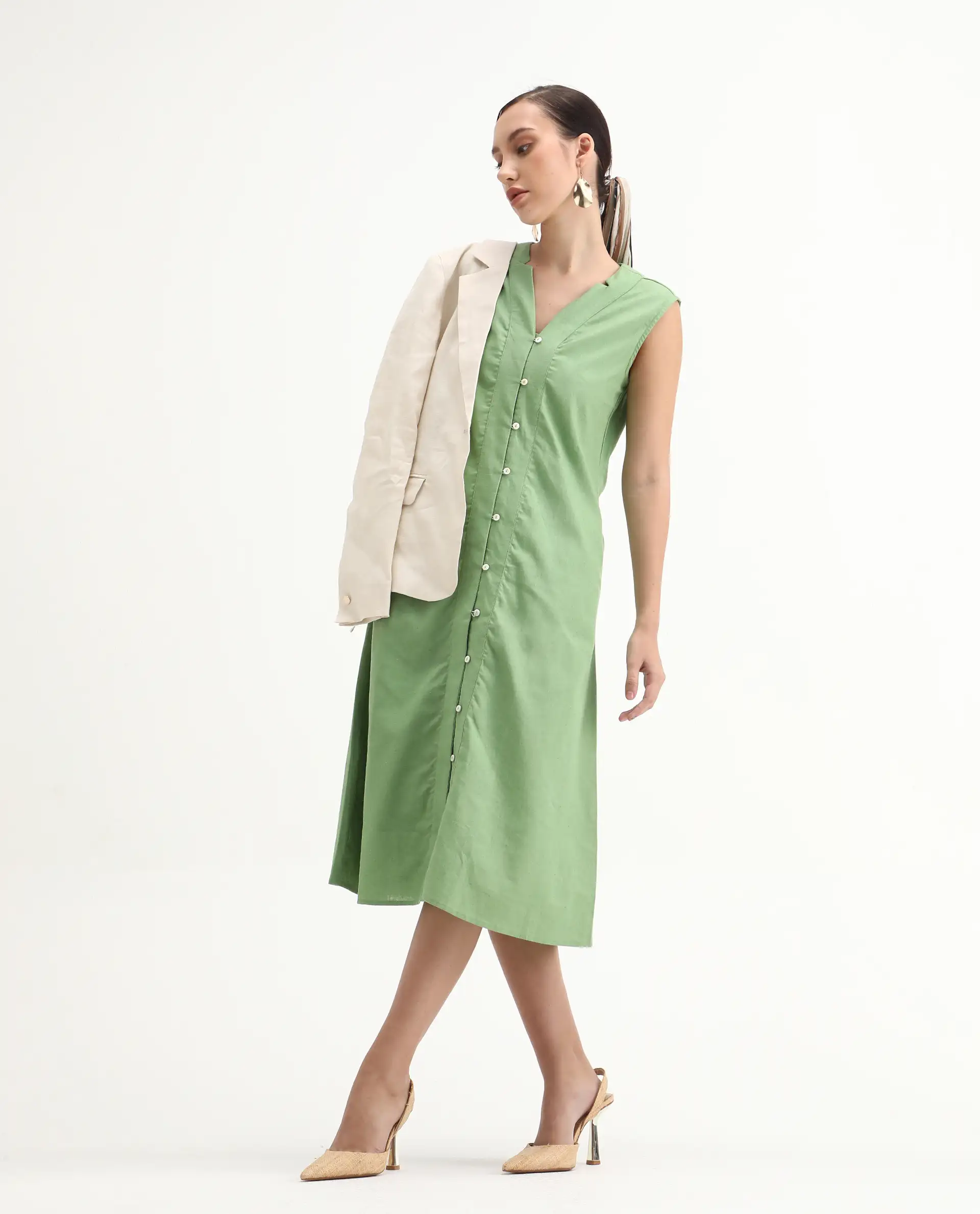 Rareism Women's Foream Pastel Green Cotton Blend V-Neck Plain Sleeveless Midi A-Line Dress - Image 2