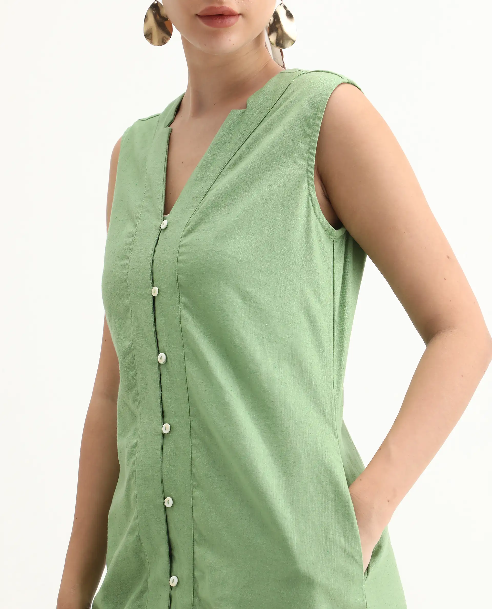 Rareism Women's Foream Pastel Green Cotton Blend V-Neck Plain Sleeveless Midi A-Line Dress - Image 3