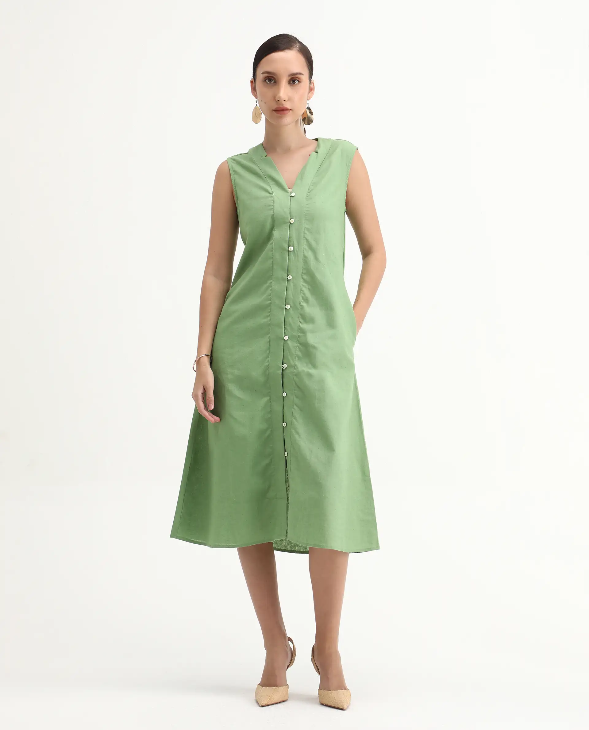 Rareism Women's Foream Pastel Green Cotton Blend V-Neck Plain Sleeveless Midi A-Line Dress - Image 5