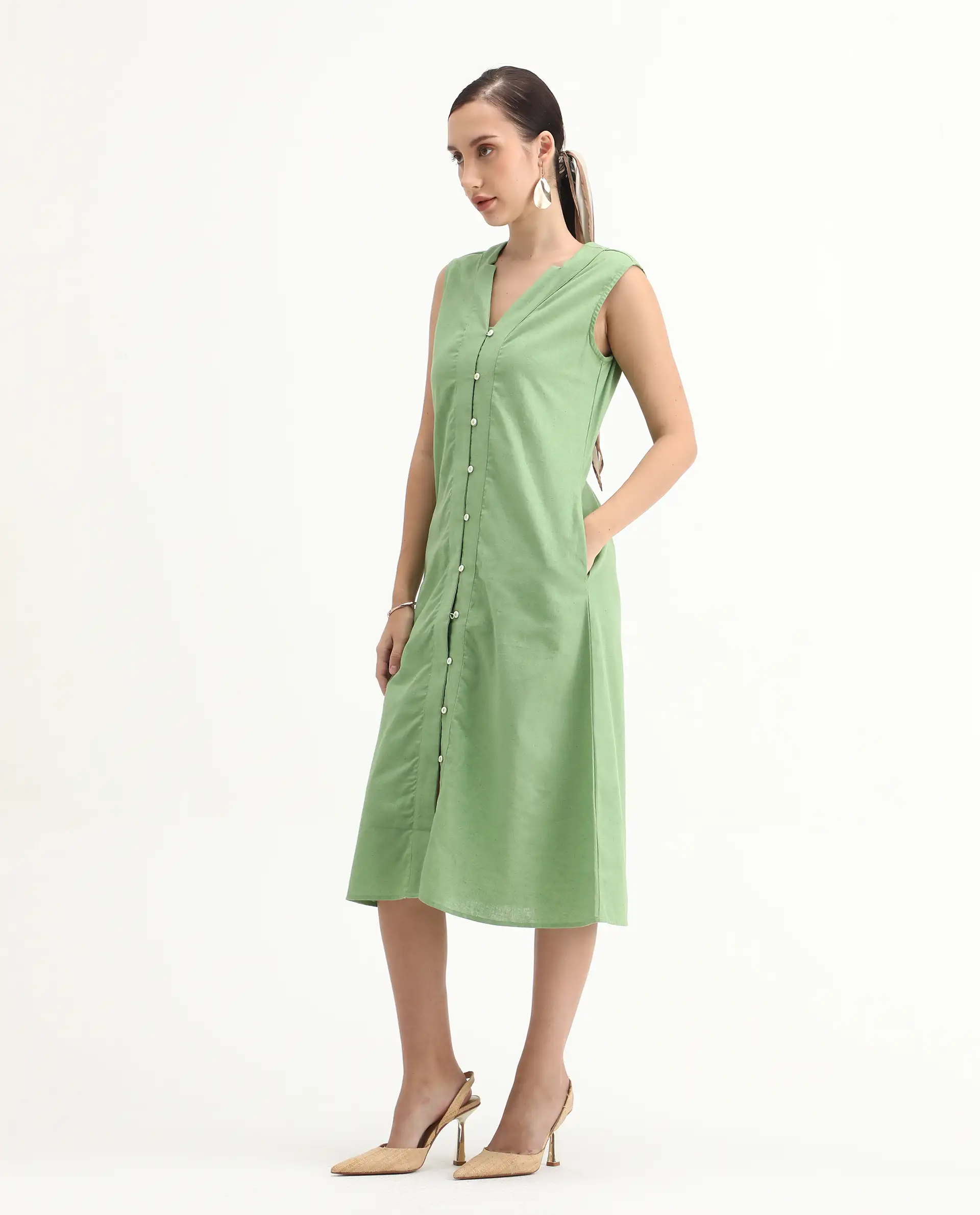 Rareism Women's Foream Pastel Green Cotton Blend V-Neck Plain Sleeveless Midi A-Line Dress - Image 6