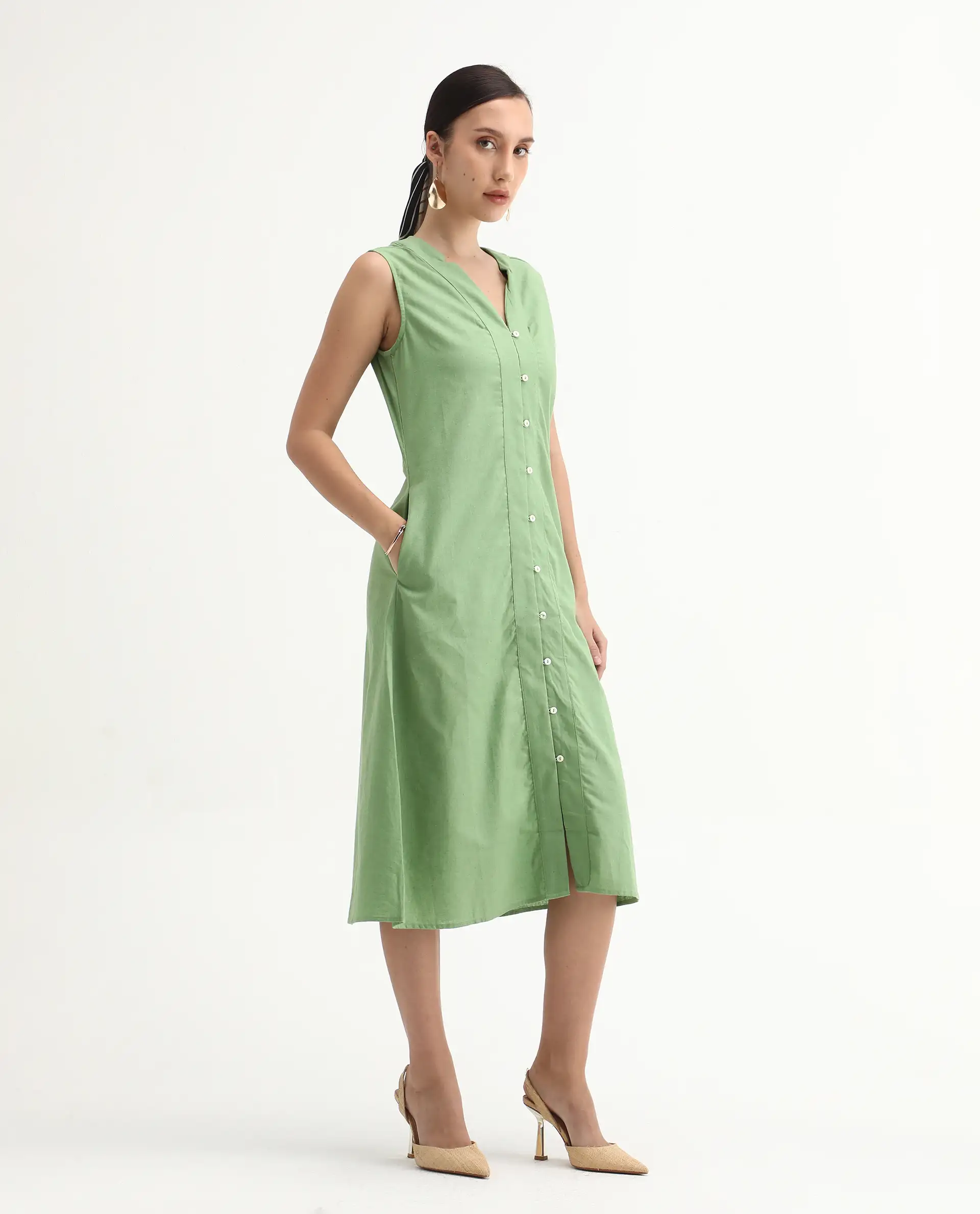 Rareism Women's Foream Pastel Green Cotton Blend V-Neck Plain Sleeveless Midi A-Line Dress - Image 7