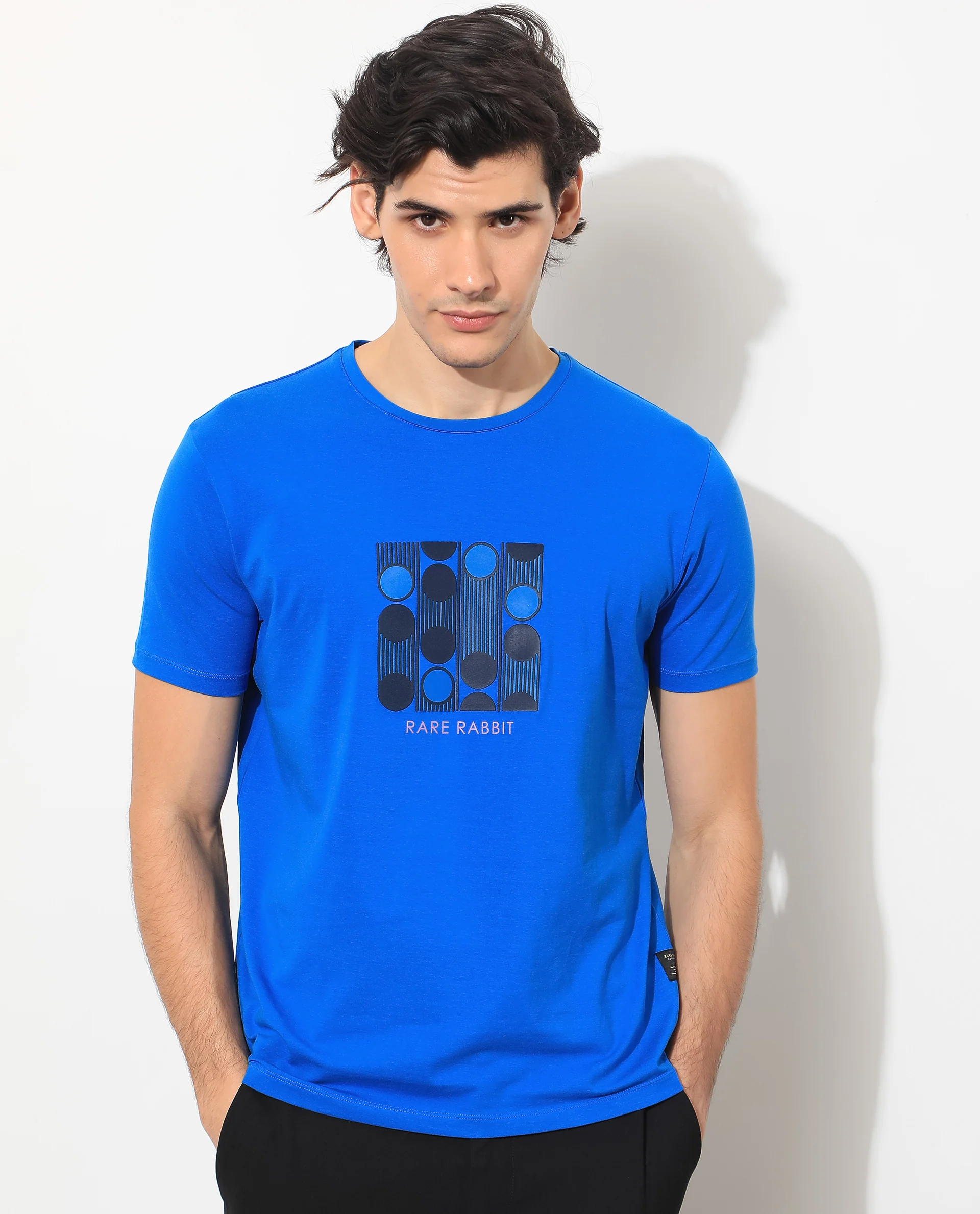 Rare Rabbit Men's Forest Blue Cotton Graphic Print Slim Fit Half Sleeve Crew Neck T-Shirt