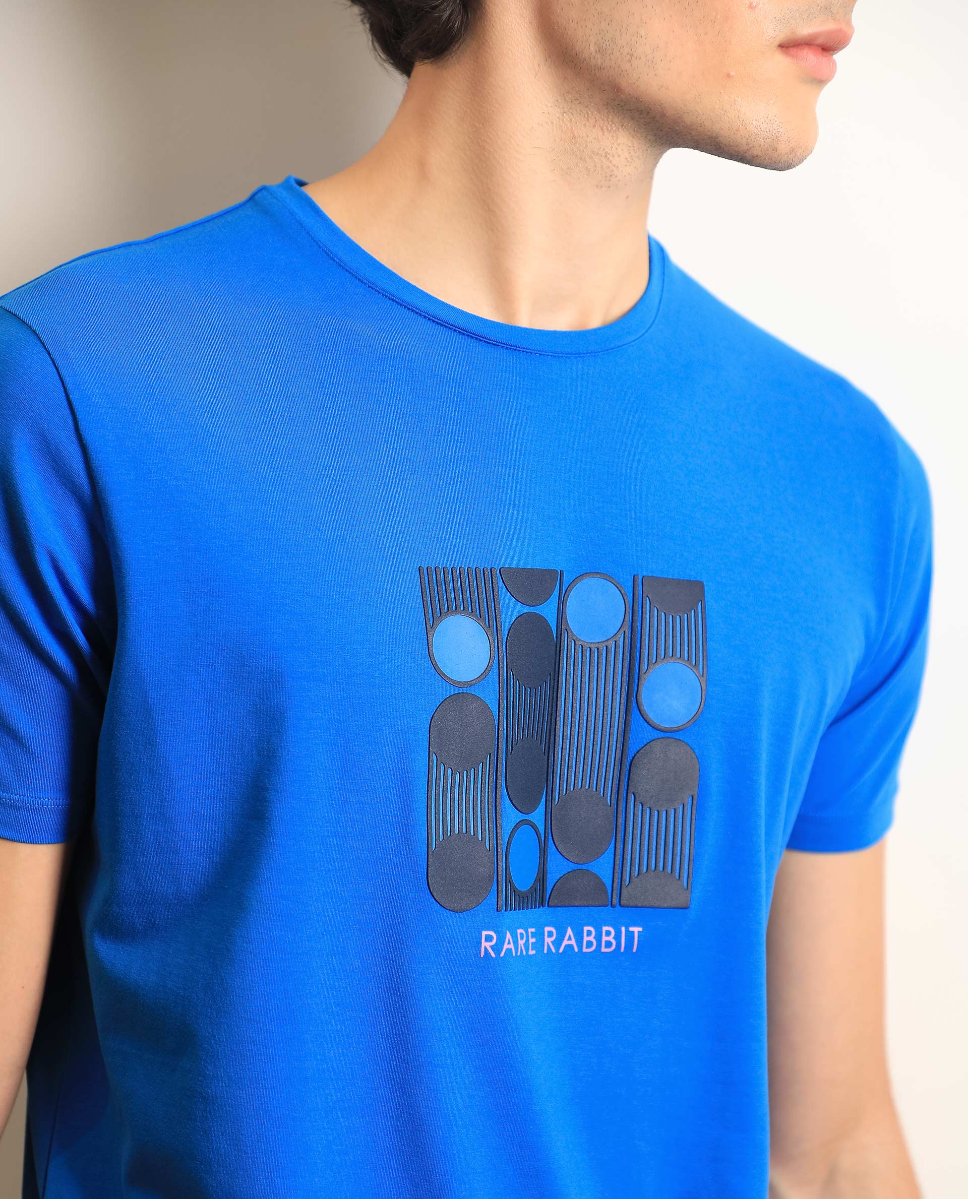 Rare Rabbit Men's Forest Blue Cotton Graphic Print Slim Fit Half Sleeve Crew Neck T-Shirt - Image 2