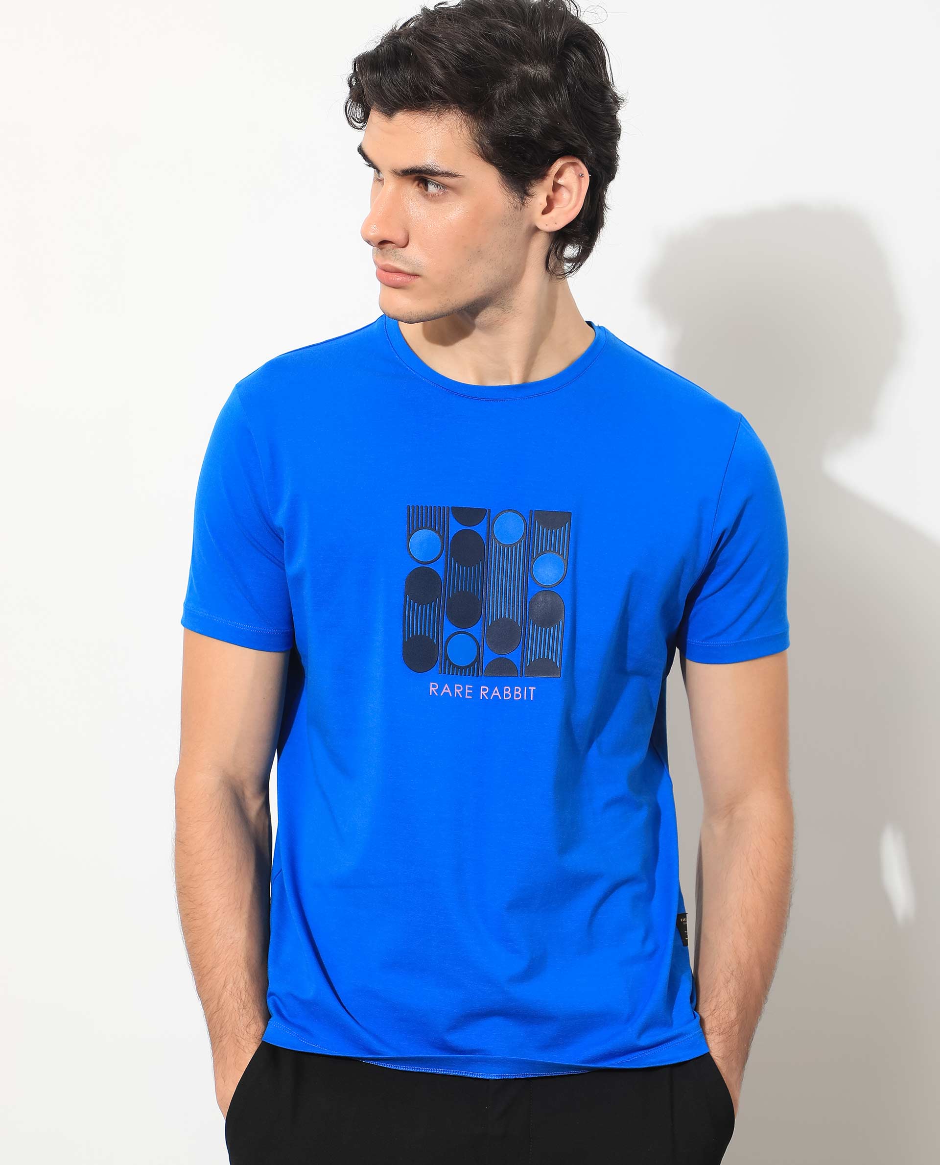 Rare Rabbit Men's Forest Blue Cotton Graphic Print Slim Fit Half Sleeve Crew Neck T-Shirt - Image 4
