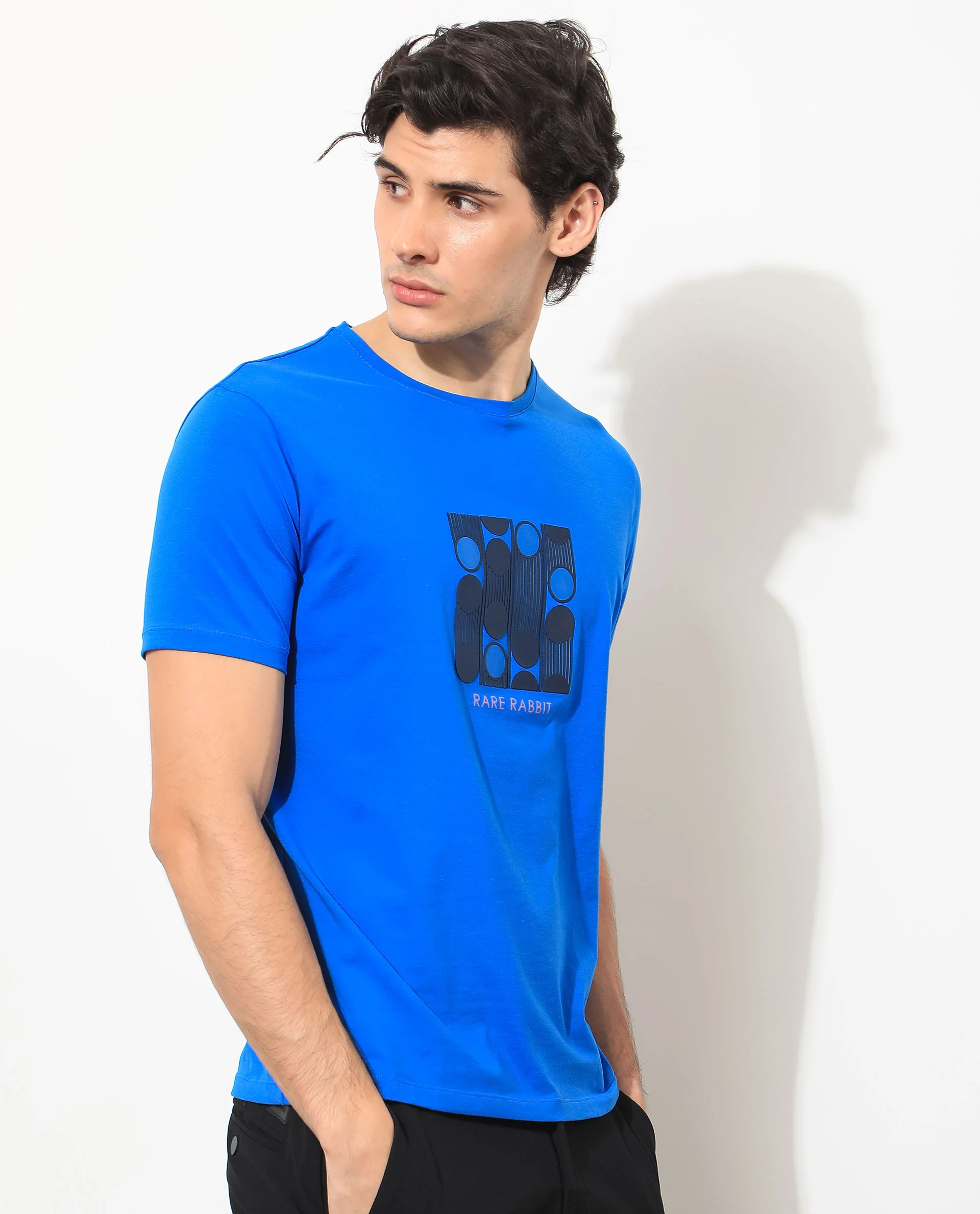 Rare Rabbit Men's Forest Blue Cotton Graphic Print Slim Fit Half Sleeve Crew Neck T-Shirt - Image 6