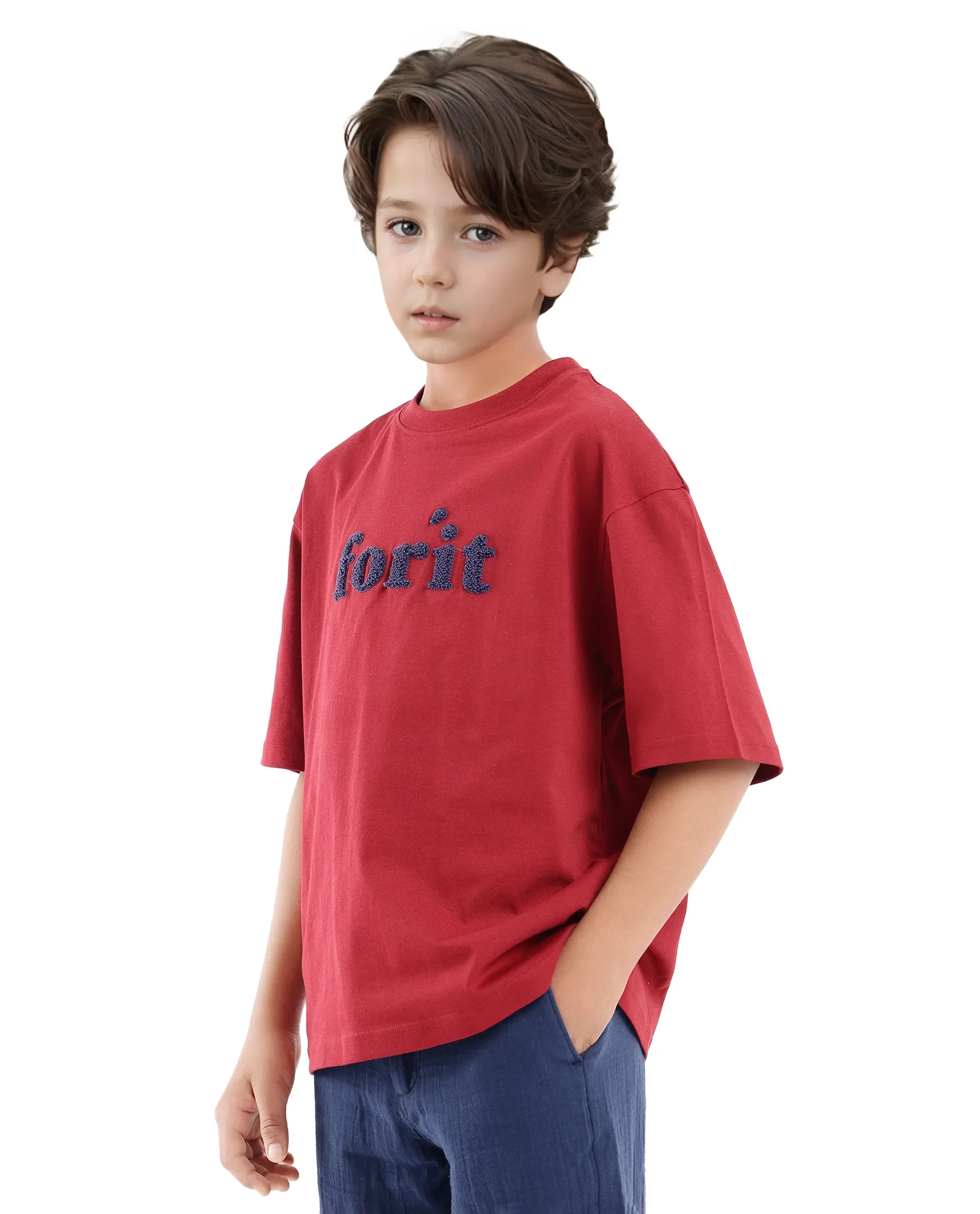Rare Ones Kids Forit Dark Red Cotton Half Sleeves Crew Neck Towel Embroidered T-Shirt - Image 4