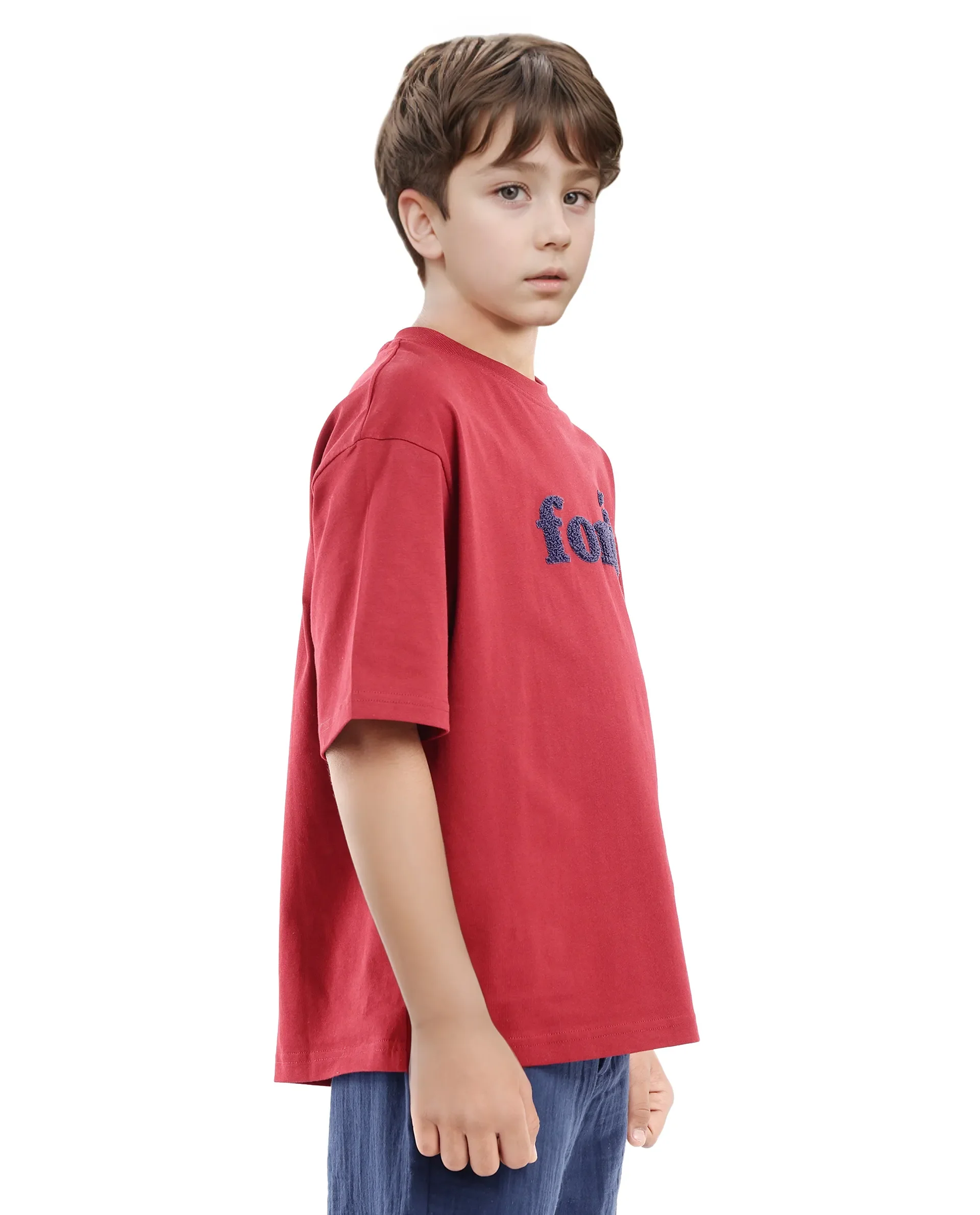 Rare Ones Kids Forit Dark Red Cotton Half Sleeves Crew Neck Towel Embroidered T-Shirt - Image 5