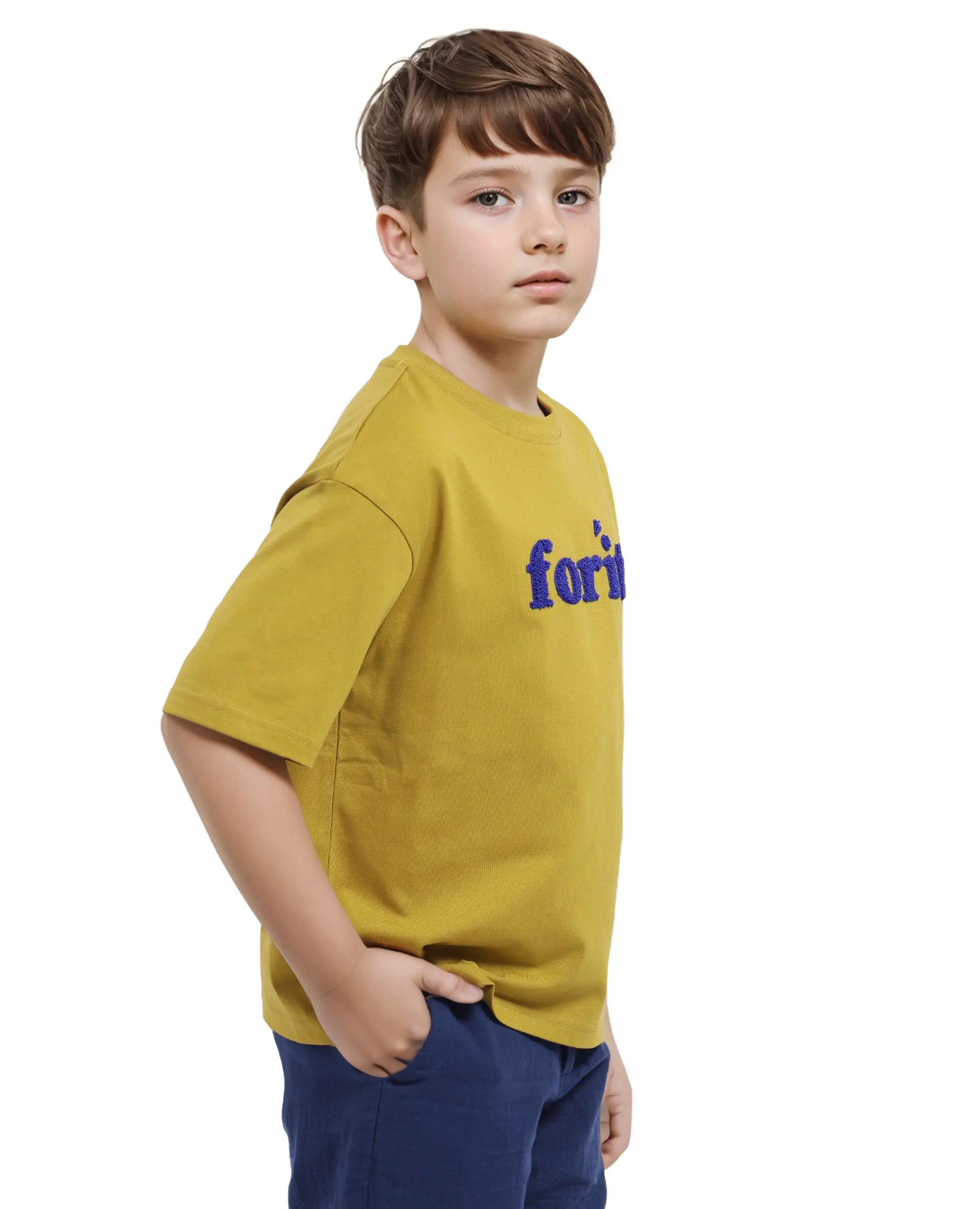Rare Ones Kids Forit Fluorescent Green Cotton Half Sleeves Crew Neck Towel Embroidered T-Shirt - Image 6