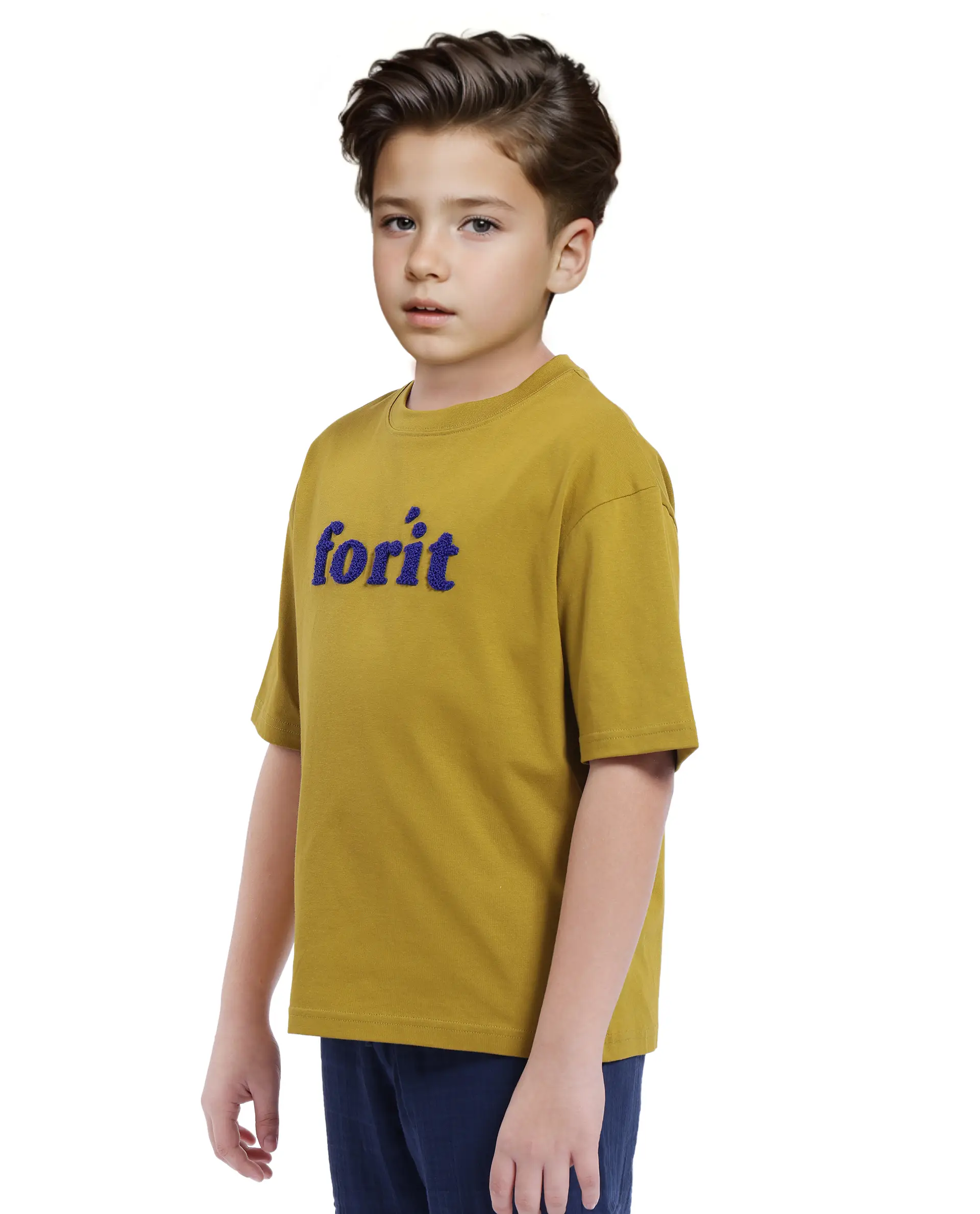 Rare Ones Kids Forit Fluorescent Green Cotton Half Sleeves Crew Neck Towel Embroidered T-Shirt - Image 7