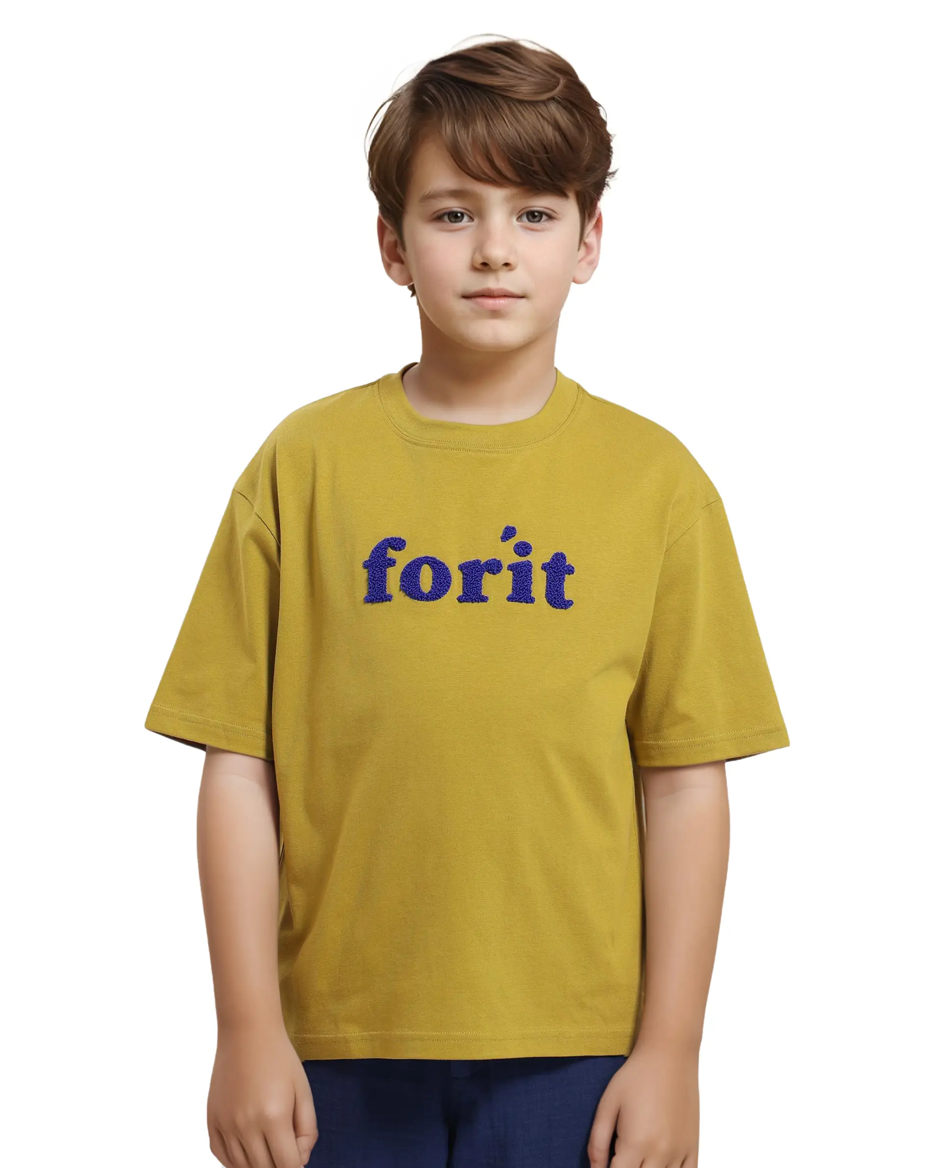 Rare Ones Kids Forit Fluorescent Green Cotton Half Sleeves Crew Neck Towel Embroidered T-Shirt - Image 8