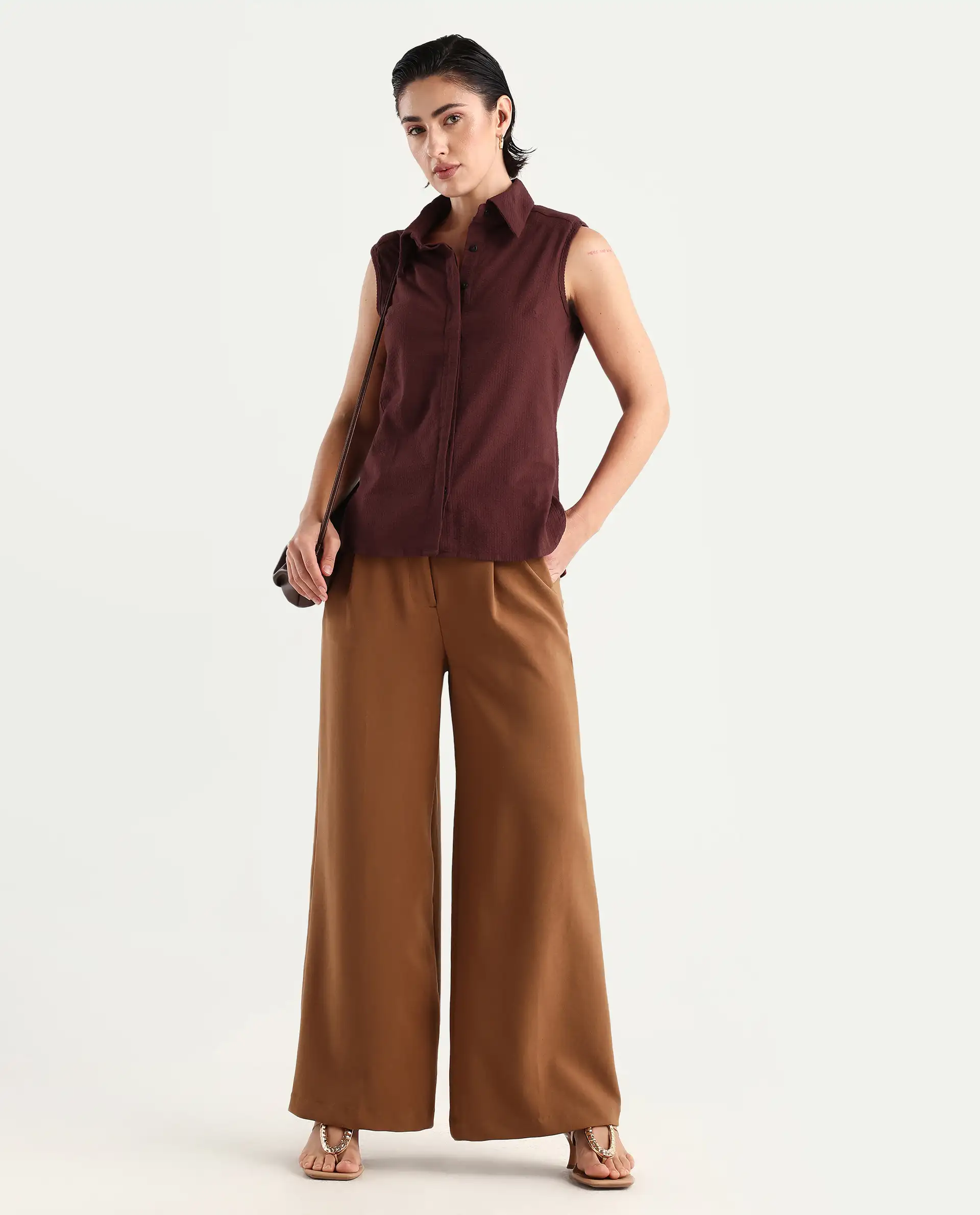Rareism Women's Forli Brown Cotton Blend Drop Collar Plain Sleeveless Regular Fit Shirt - Image 2