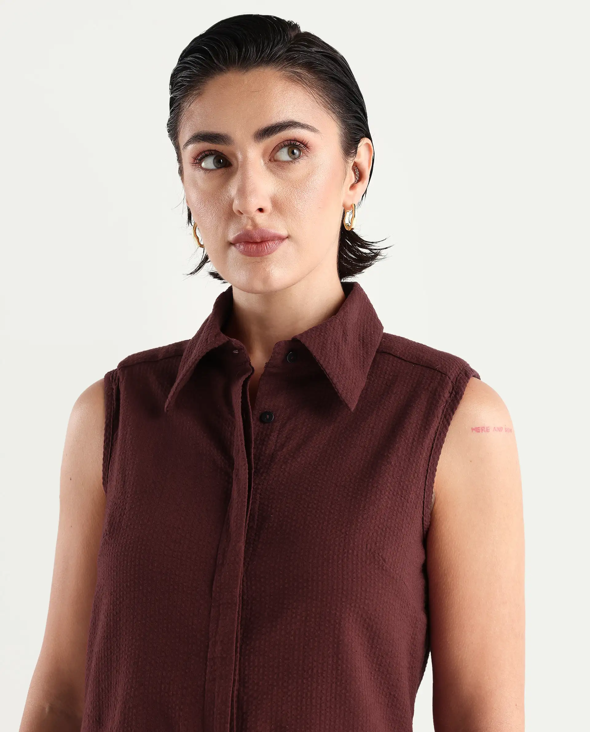 Rareism Women's Forli Brown Cotton Blend Drop Collar Plain Sleeveless Regular Fit Shirt - Image 3