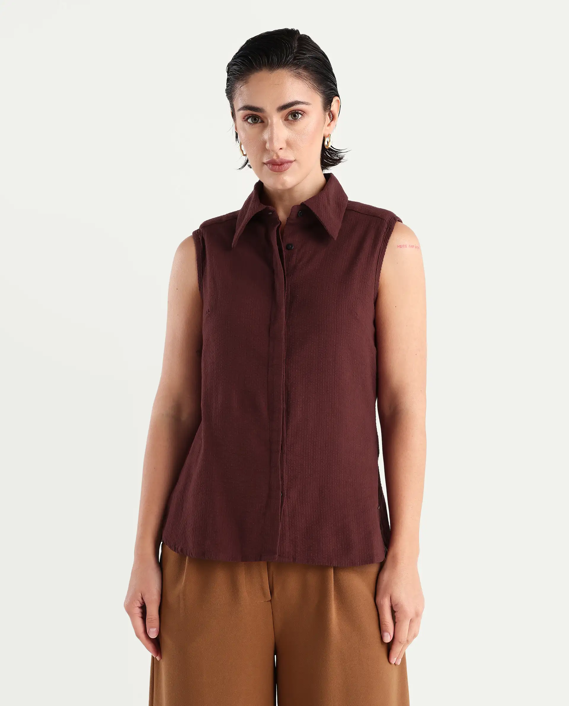 Rareism Women's Forli Brown Cotton Blend Drop Collar Plain Sleeveless Regular Fit Shirt - Image 4