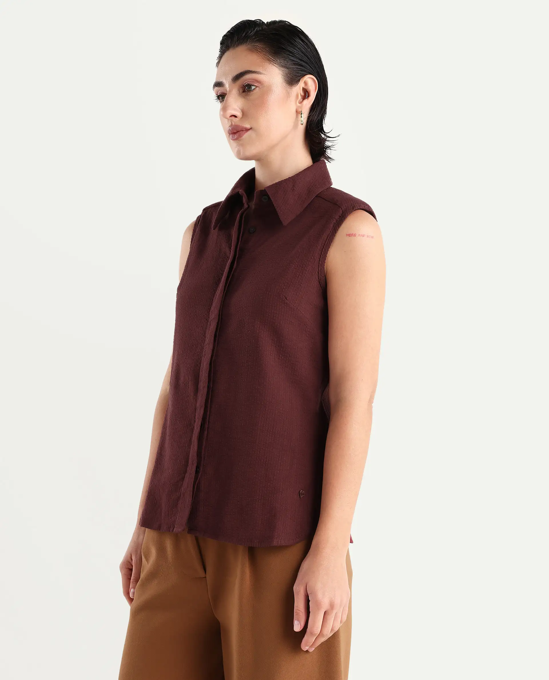 Rareism Women's Forli Brown Cotton Blend Drop Collar Plain Sleeveless Regular Fit Shirt - Image 5
