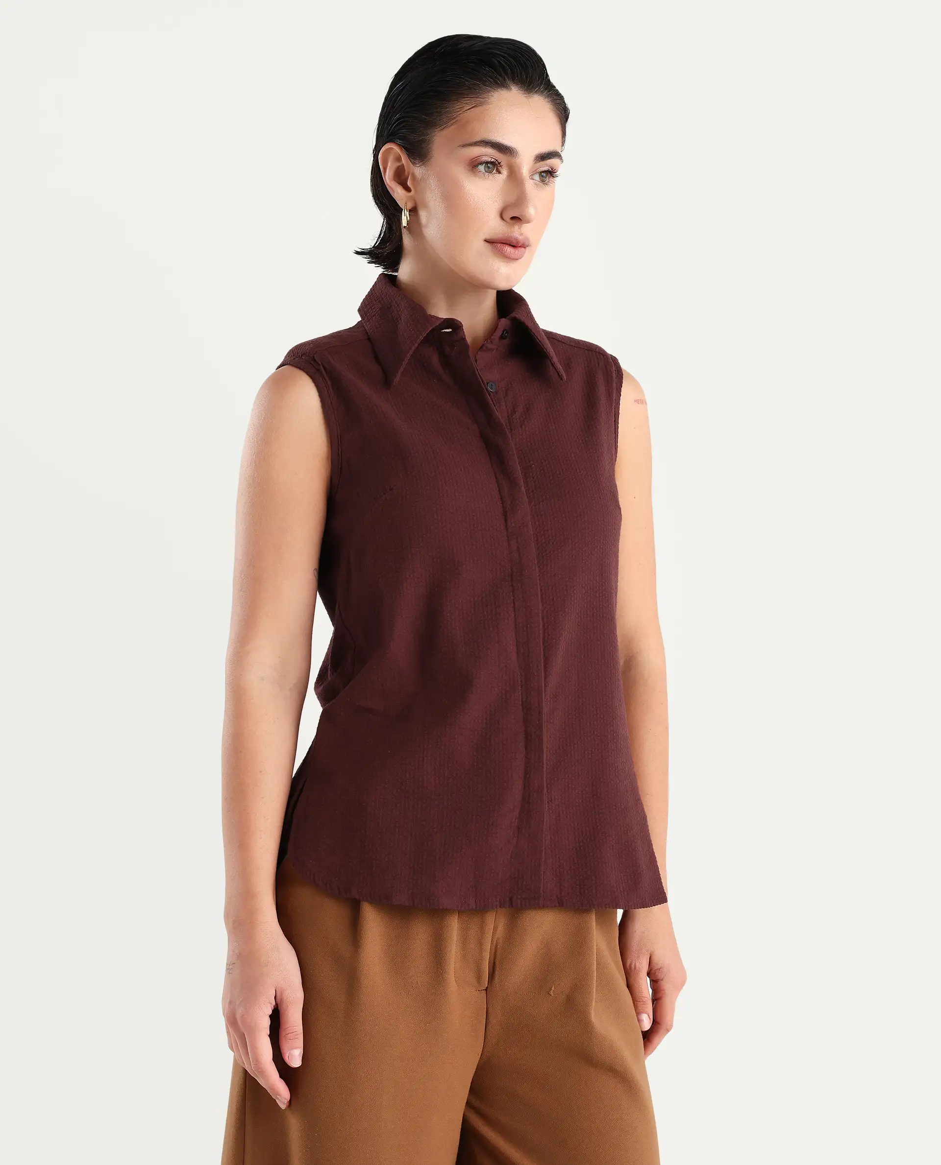 Rareism Women's Forli Brown Cotton Blend Drop Collar Plain Sleeveless Regular Fit Shirt - Image 6