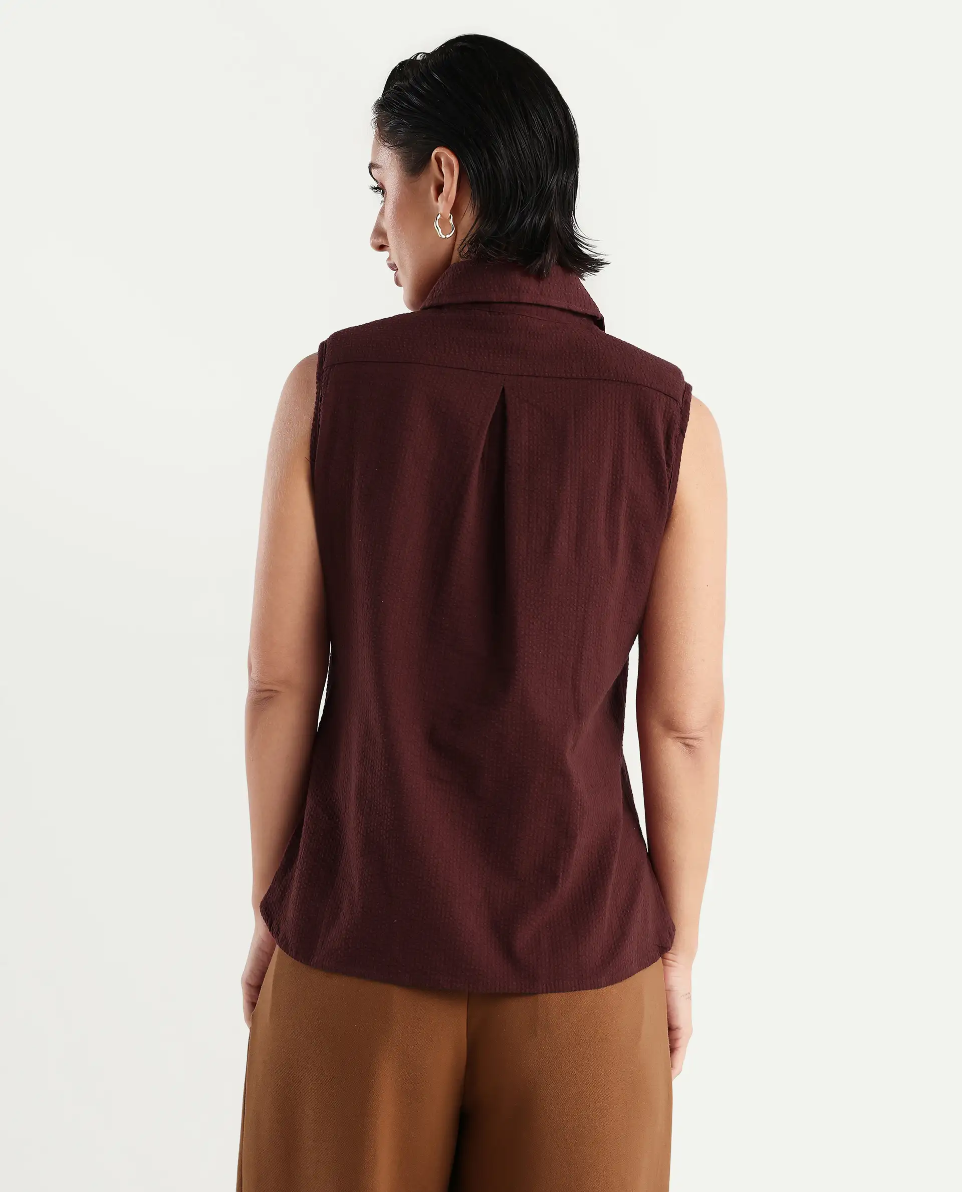 Rareism Women's Forli Brown Cotton Blend Drop Collar Plain Sleeveless Regular Fit Shirt - Image 7