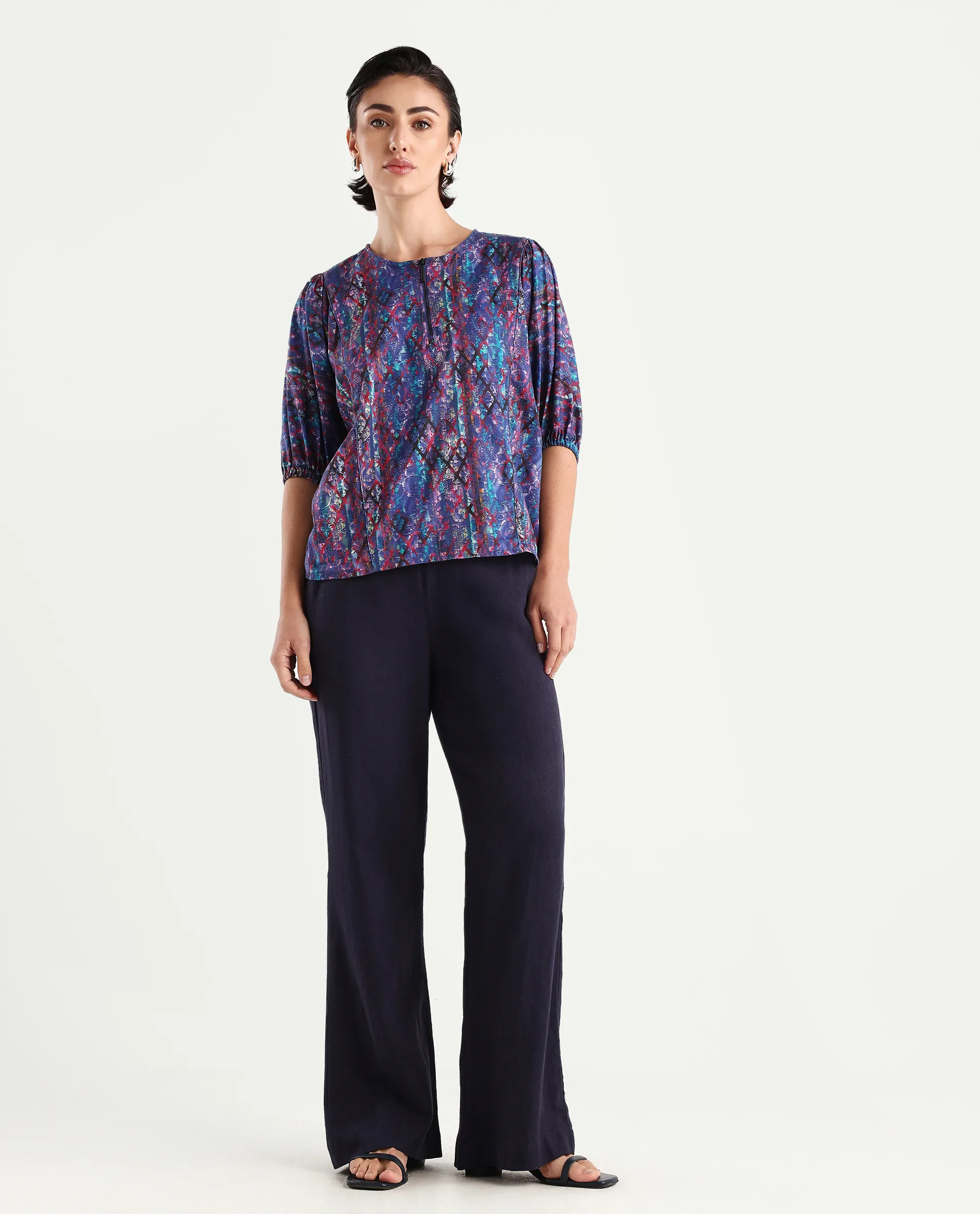 Rareism Women's Forli Multi Cotton Blend Crew Neck Abstract Print Kimono Sleeve Regular Fit Top - Image 2