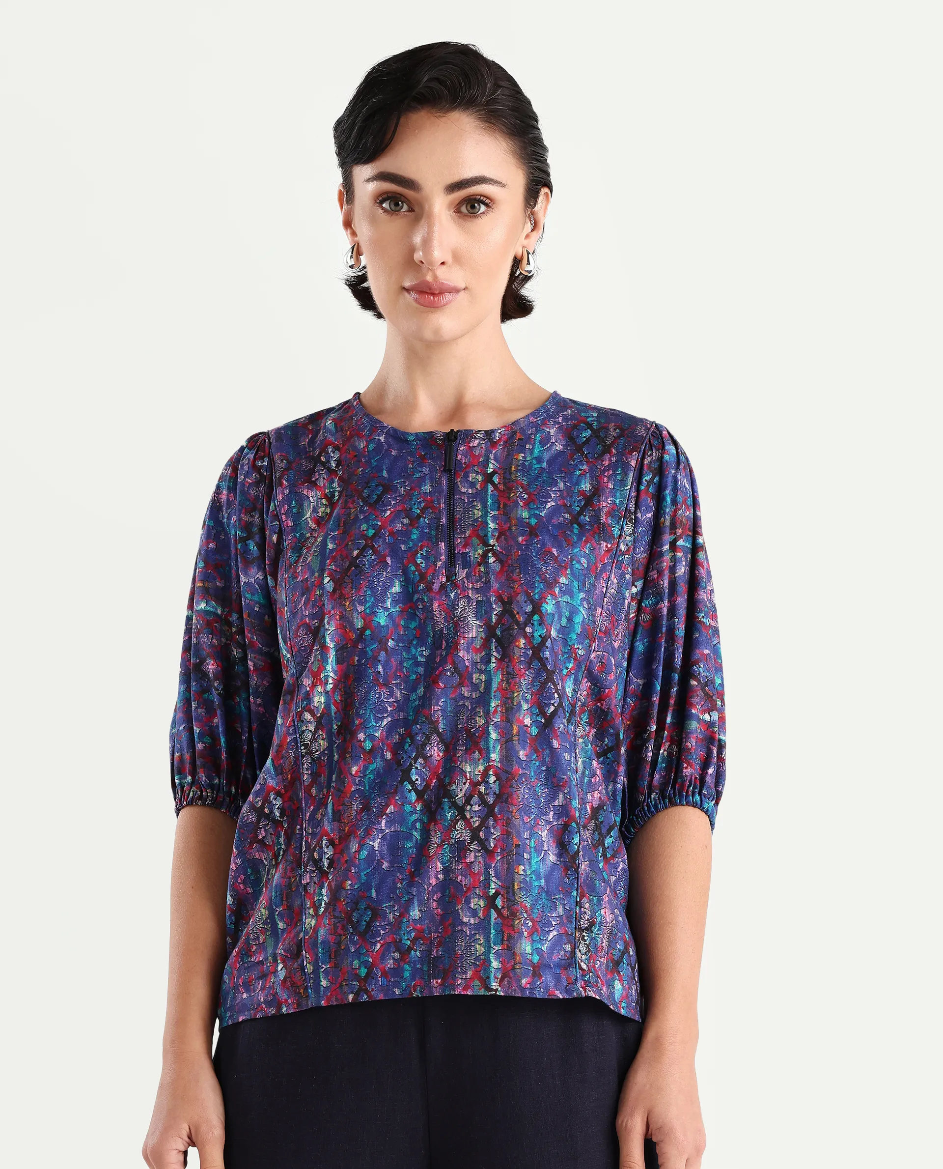 Rareism Women's Forli Multi Cotton Blend Crew Neck Abstract Print Kimono Sleeve Regular Fit Top - Image 3