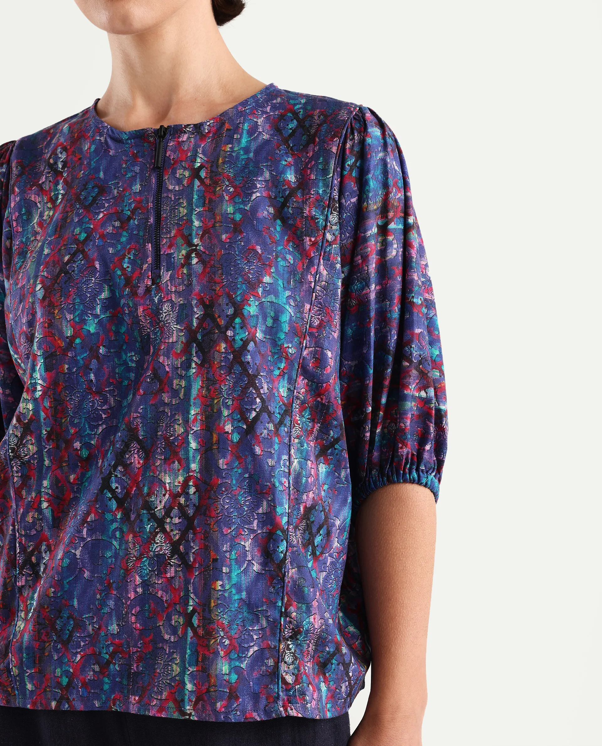 Rareism Women's Forli Multi Cotton Blend Crew Neck Abstract Print Kimono Sleeve Regular Fit Top - Image 4