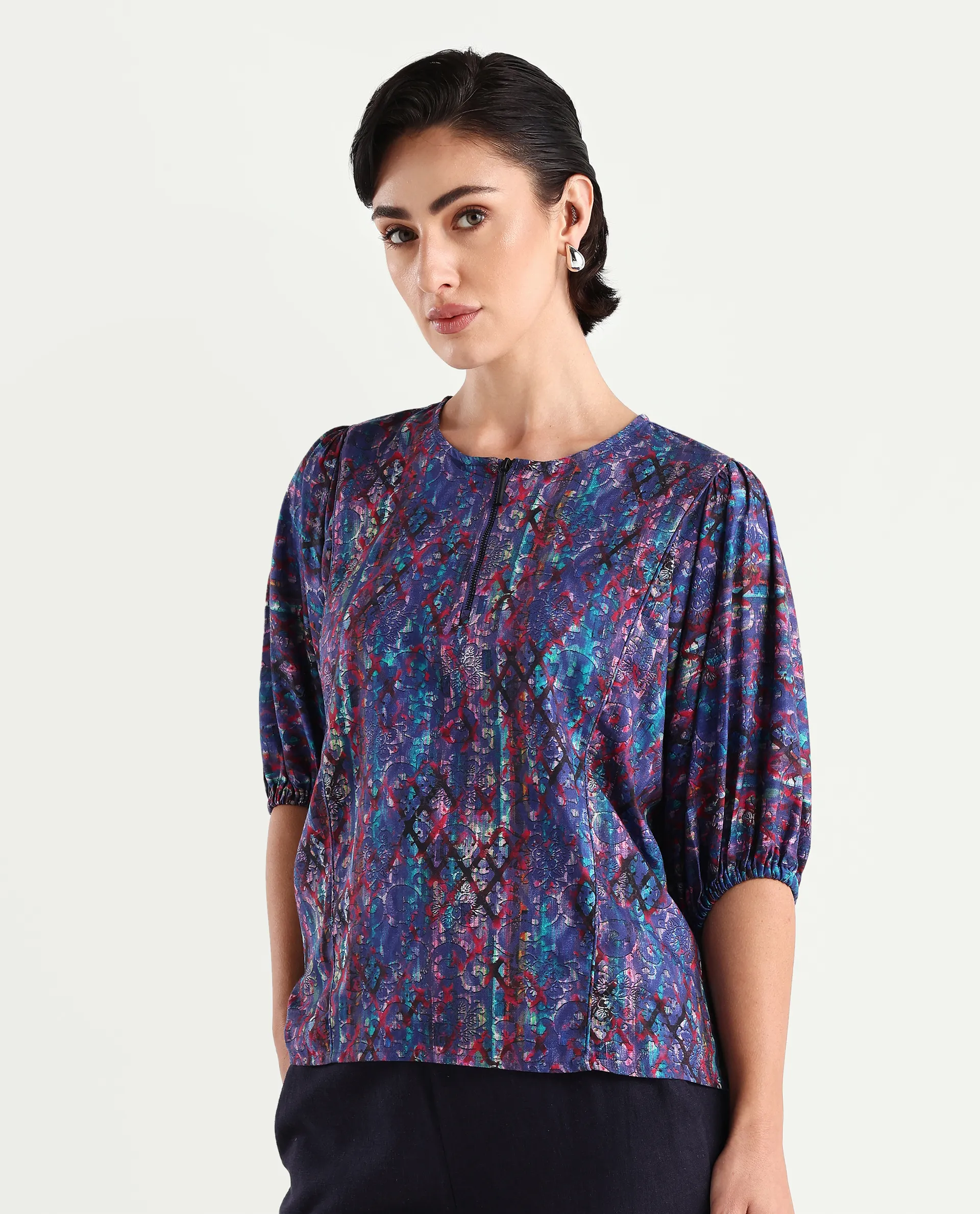 Rareism Women's Forli Multi Cotton Blend Crew Neck Abstract Print Kimono Sleeve Regular Fit Top - Image 5