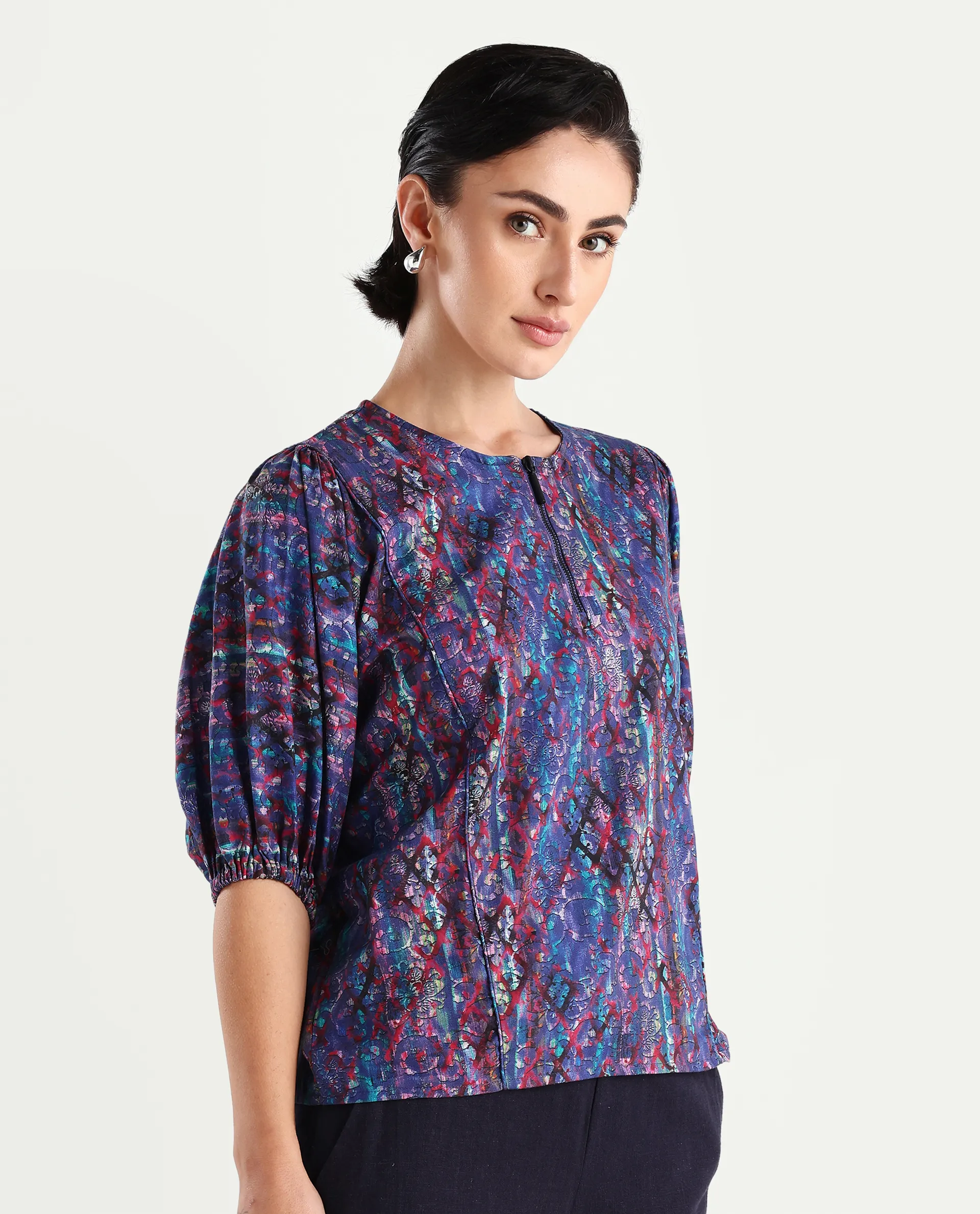 Rareism Women's Forli Multi Cotton Blend Crew Neck Abstract Print Kimono Sleeve Regular Fit Top - Image 6