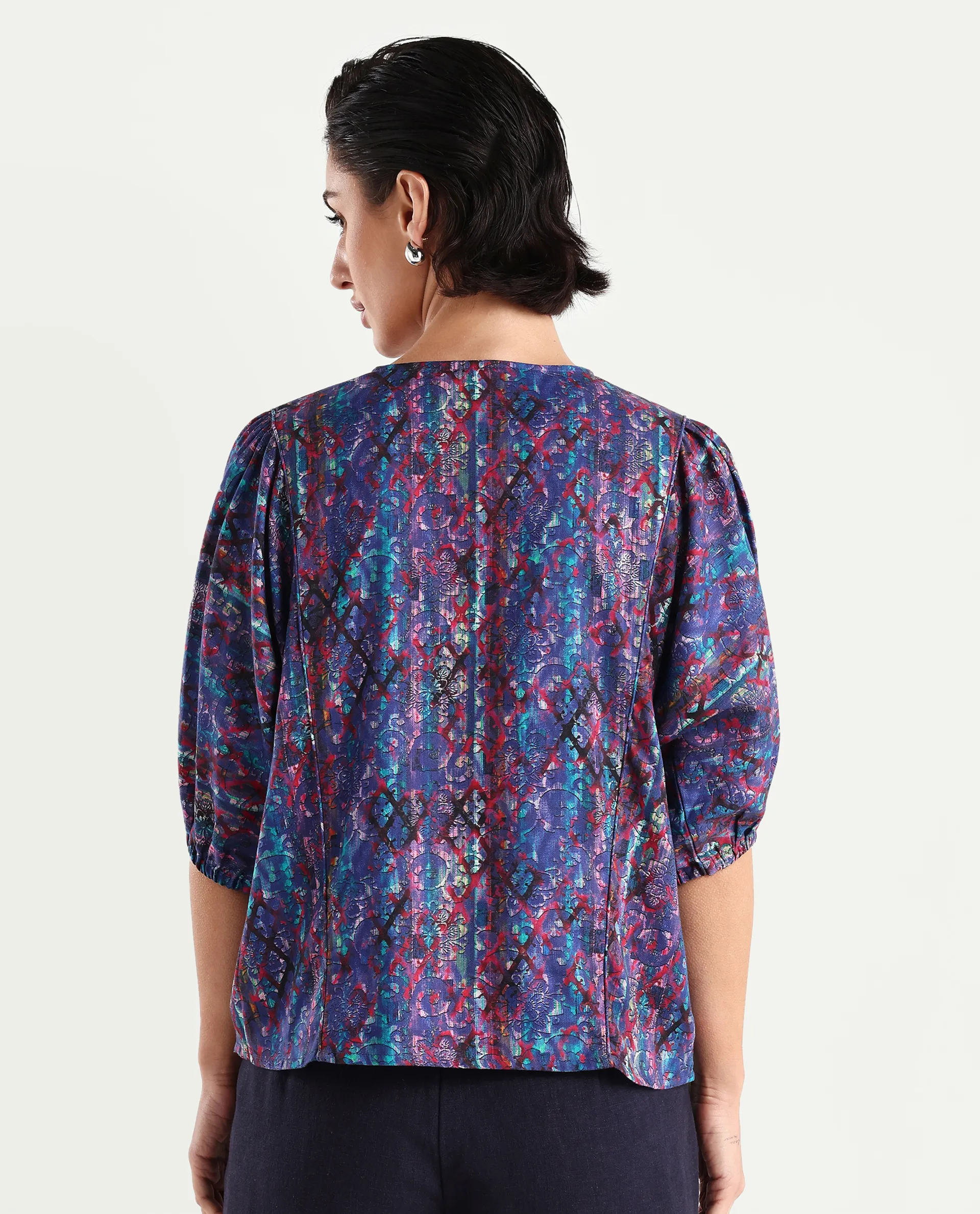 Rareism Women's Forli Multi Cotton Blend Crew Neck Abstract Print Kimono Sleeve Regular Fit Top - Image 7