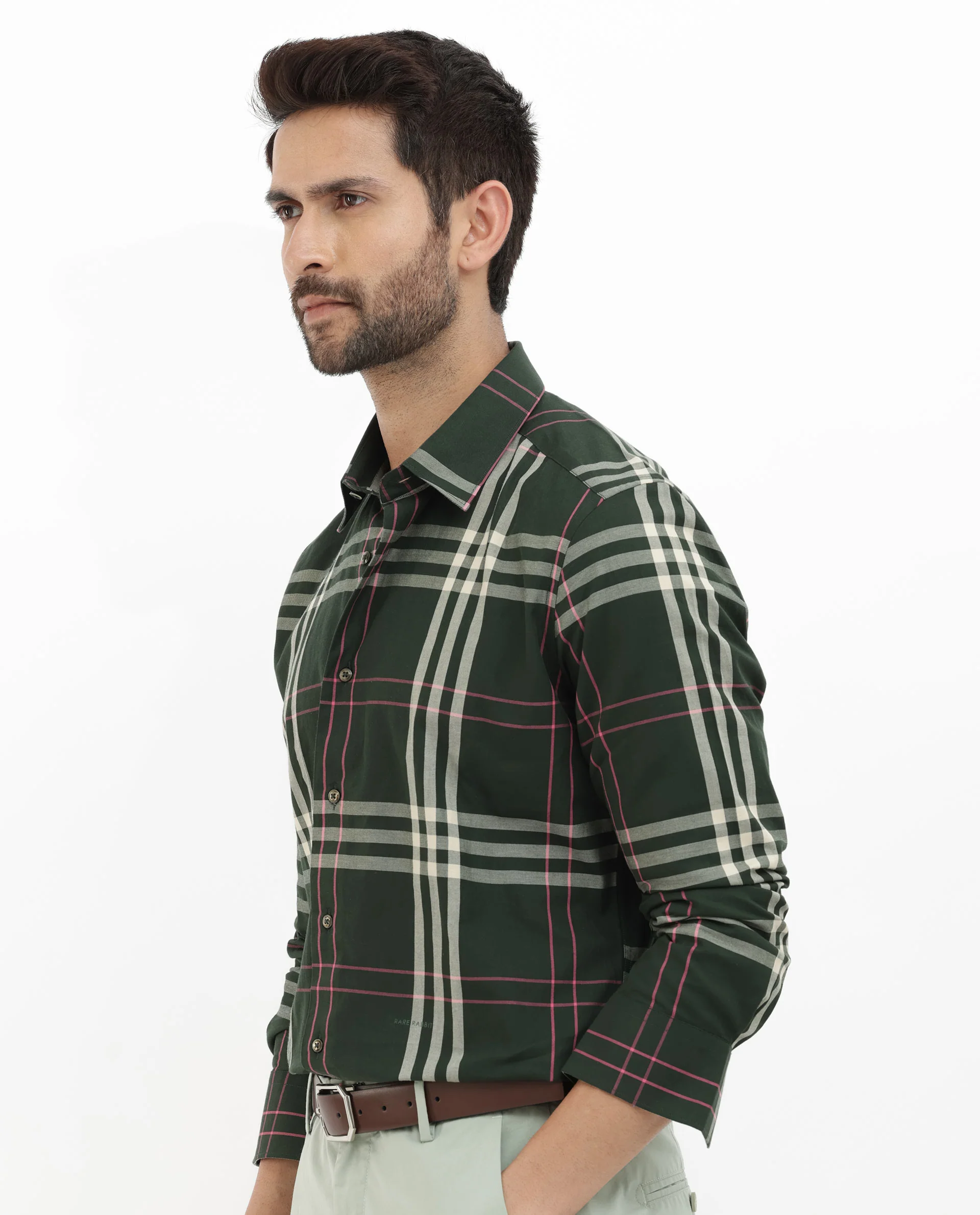 Rare Rabbit Men's Forman Dark Green Cotton Checked Print Regular Fit Full Sleeve Collared Shirt - Image 3