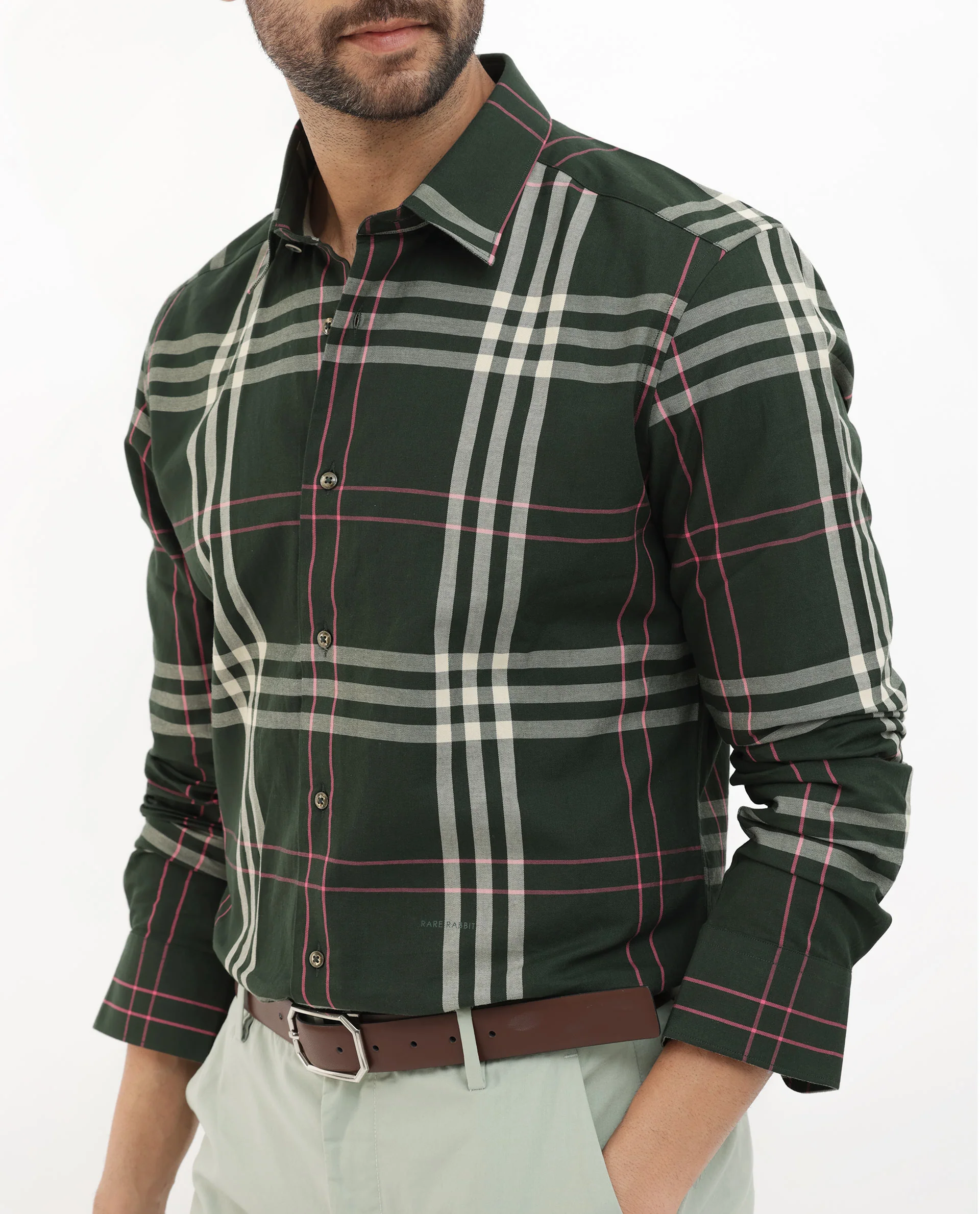 Rare Rabbit Men's Forman Dark Green Cotton Checked Print Regular Fit Full Sleeve Collared Shirt - Image 6