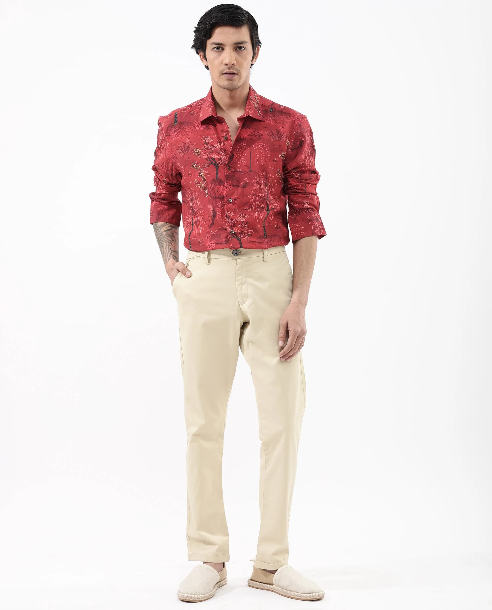 Rare Rabbit Men's Fornia Red Viscose Tropical Print Regular Fit Full Sleeve Collared Shirt - Image 2