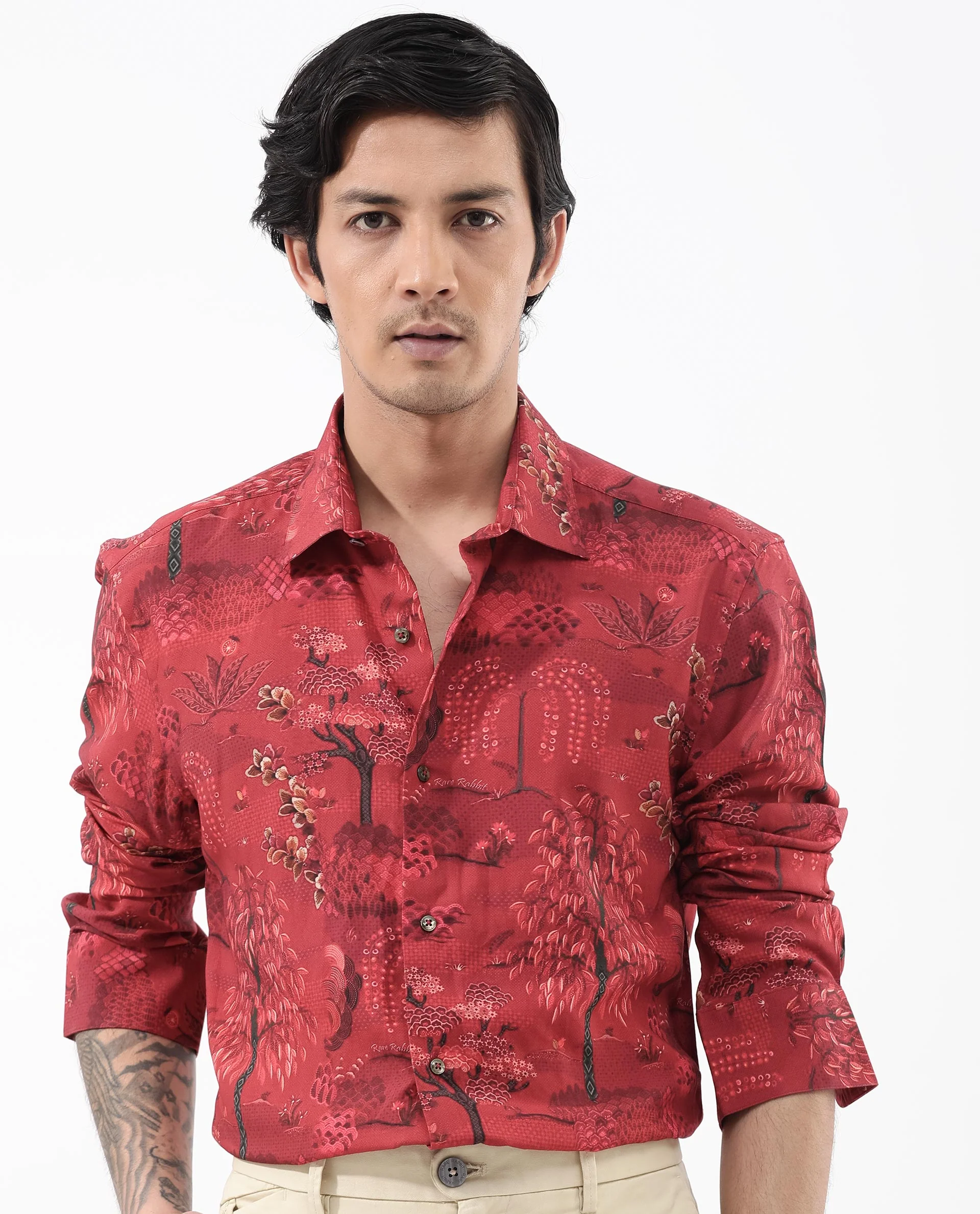 Rare Rabbit Men's Fornia Red Viscose Tropical Print Regular Fit Full Sleeve Collared Shirt - Image 3