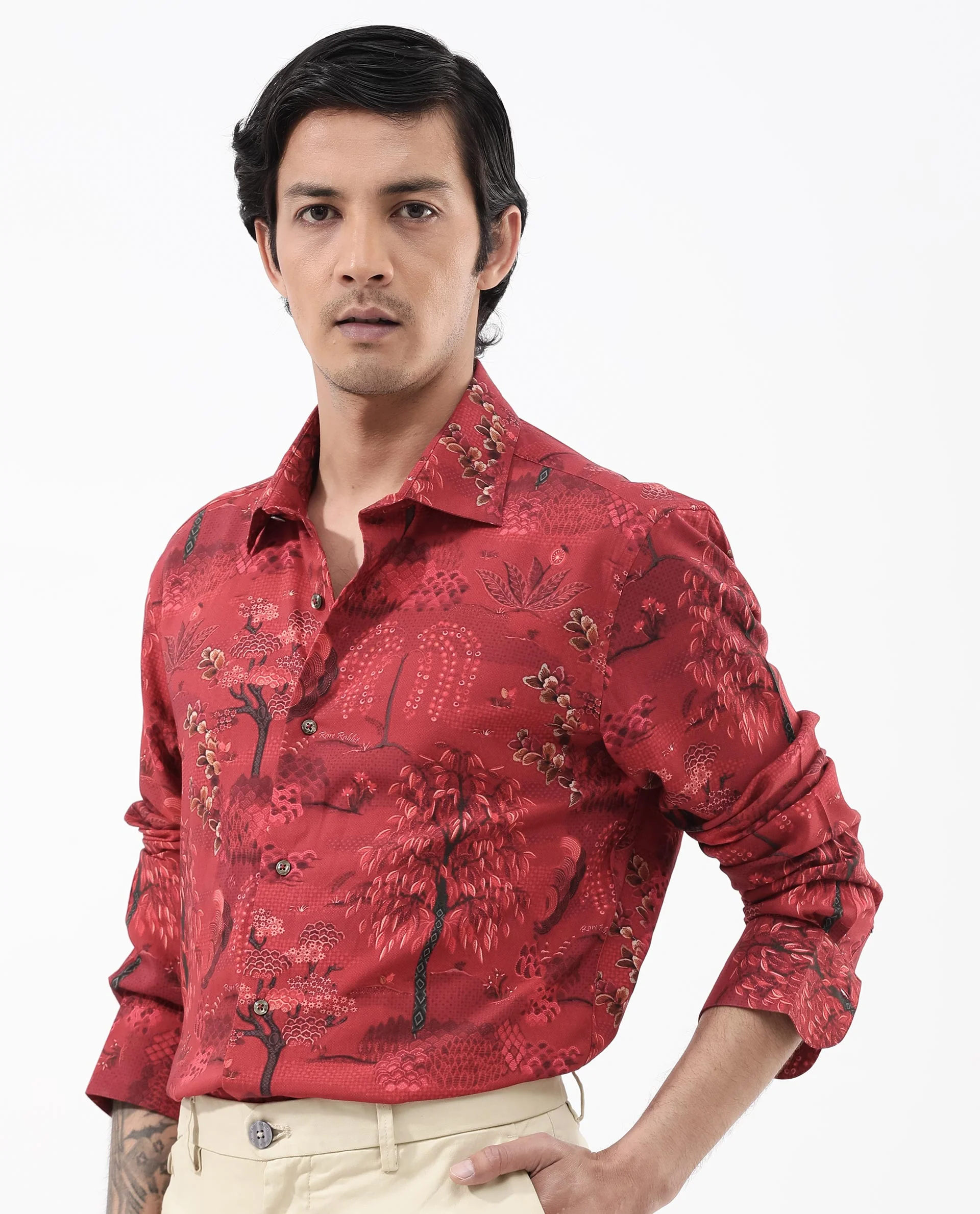 Rare Rabbit Men's Fornia Red Viscose Tropical Print Regular Fit Full Sleeve Collared Shirt - Image 4