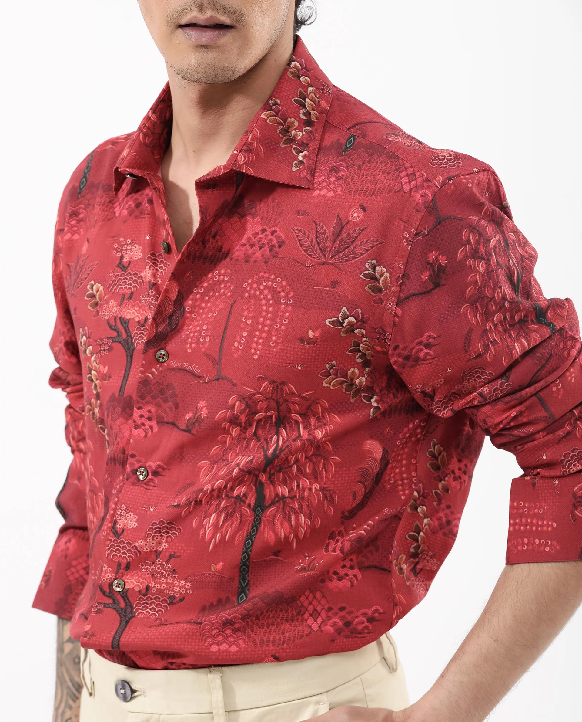 Rare Rabbit Men's Fornia Red Viscose Tropical Print Regular Fit Full Sleeve Collared Shirt - Image 5