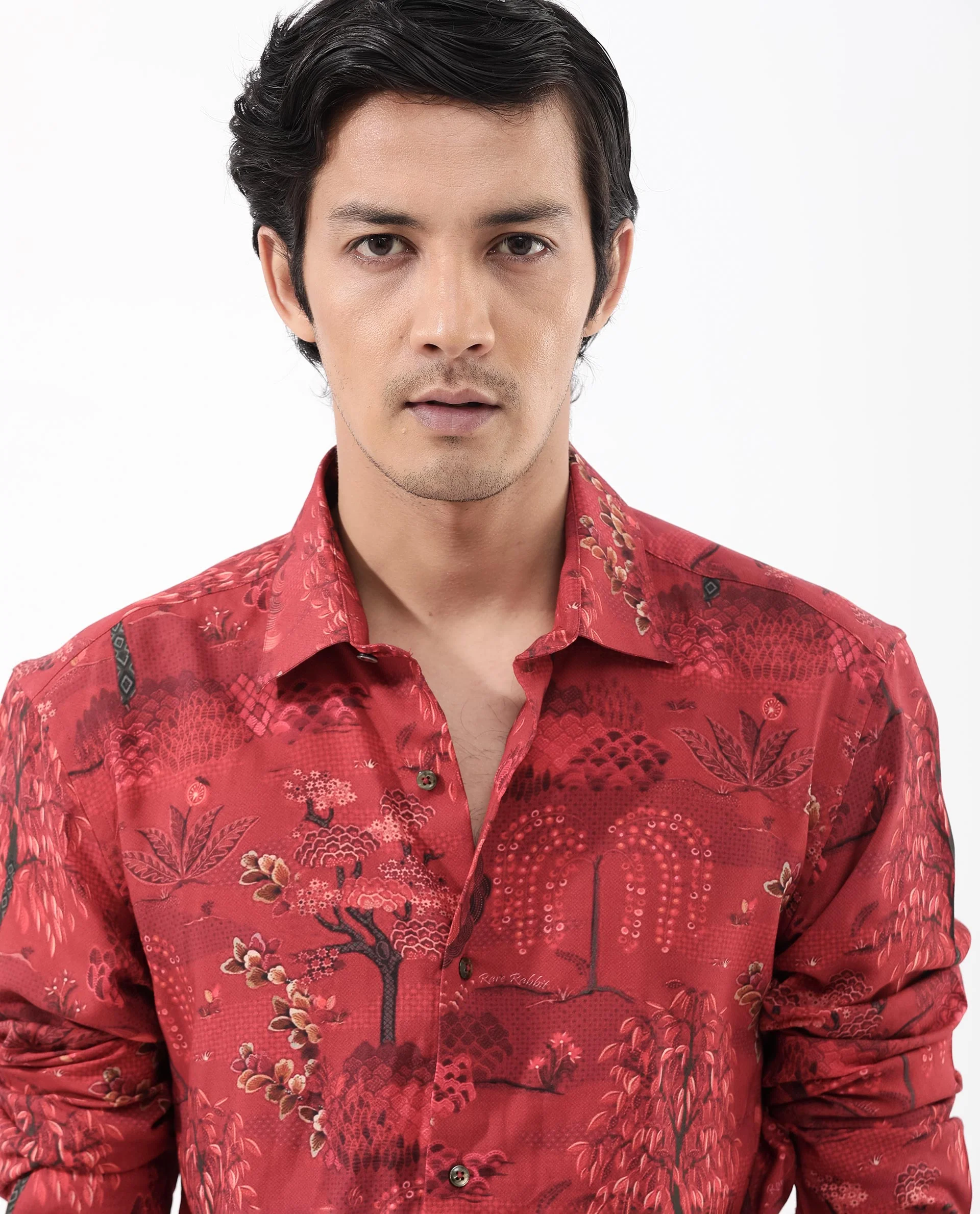 Rare Rabbit Men's Fornia Red Viscose Tropical Print Regular Fit Full Sleeve Collared Shirt - Image 6