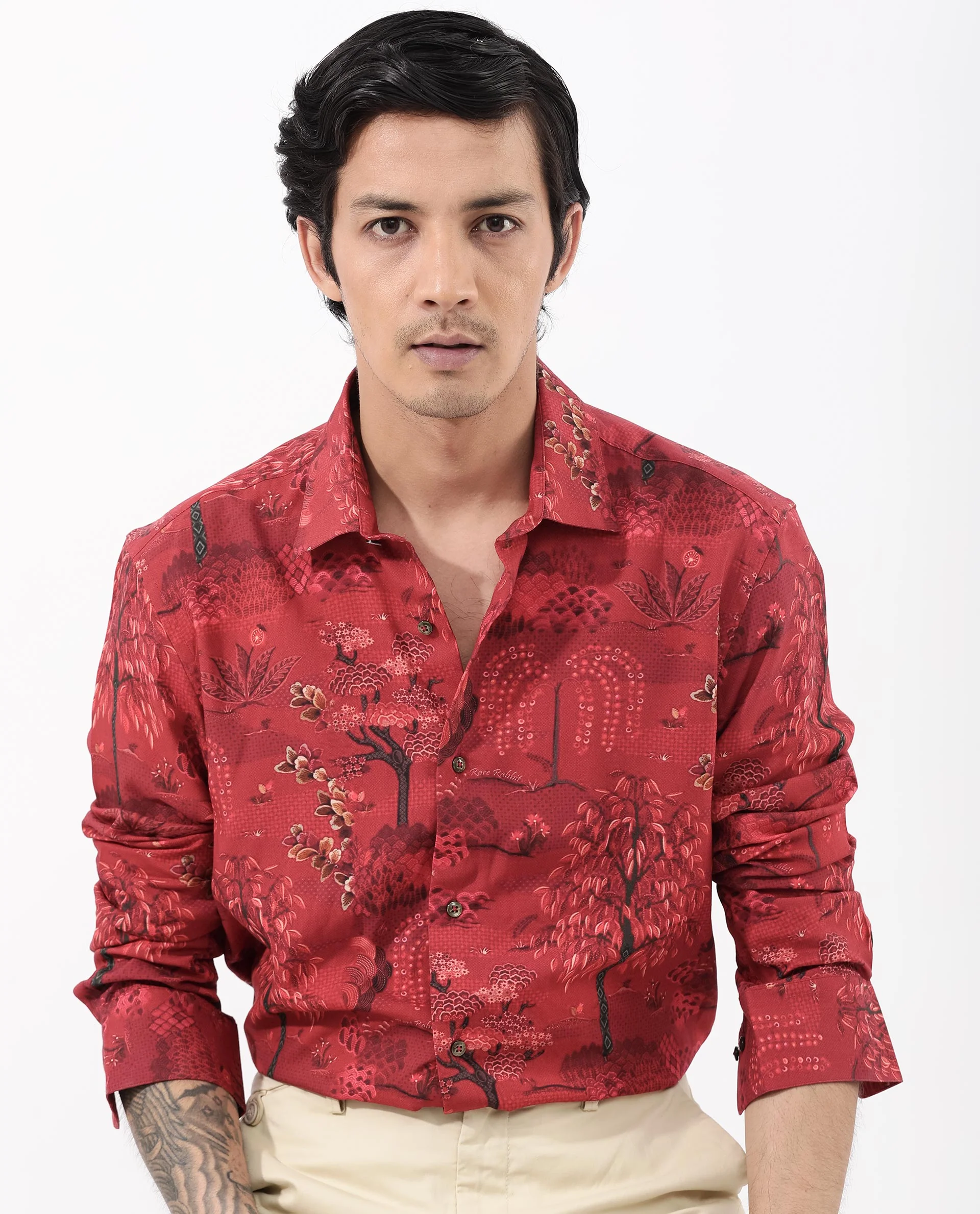 Rare Rabbit Men's Fornia Red Viscose Tropical Print Regular Fit Full Sleeve Collared Shirt - Image 7