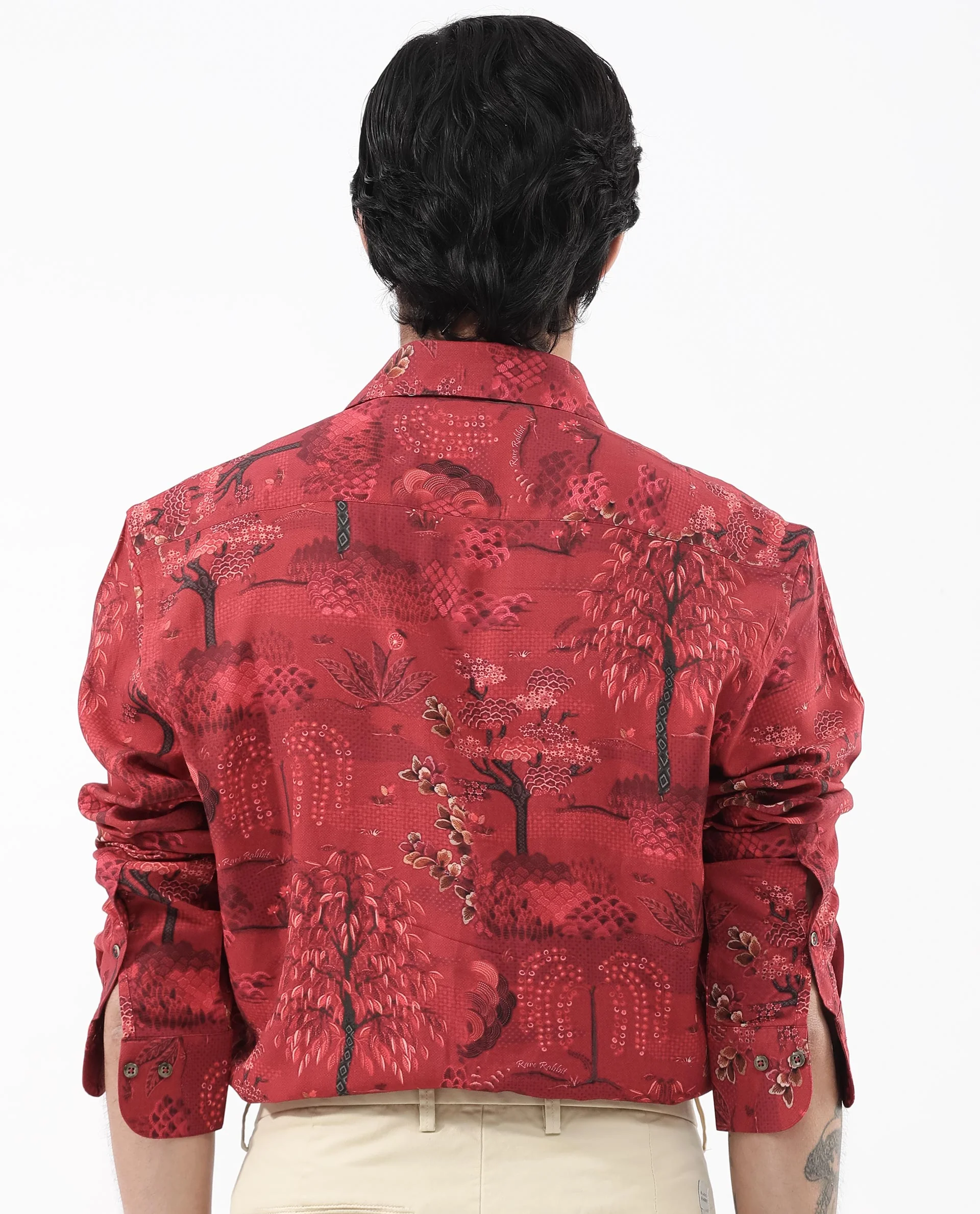 Rare Rabbit Men's Fornia Red Viscose Tropical Print Regular Fit Full Sleeve Collared Shirt - Image 8