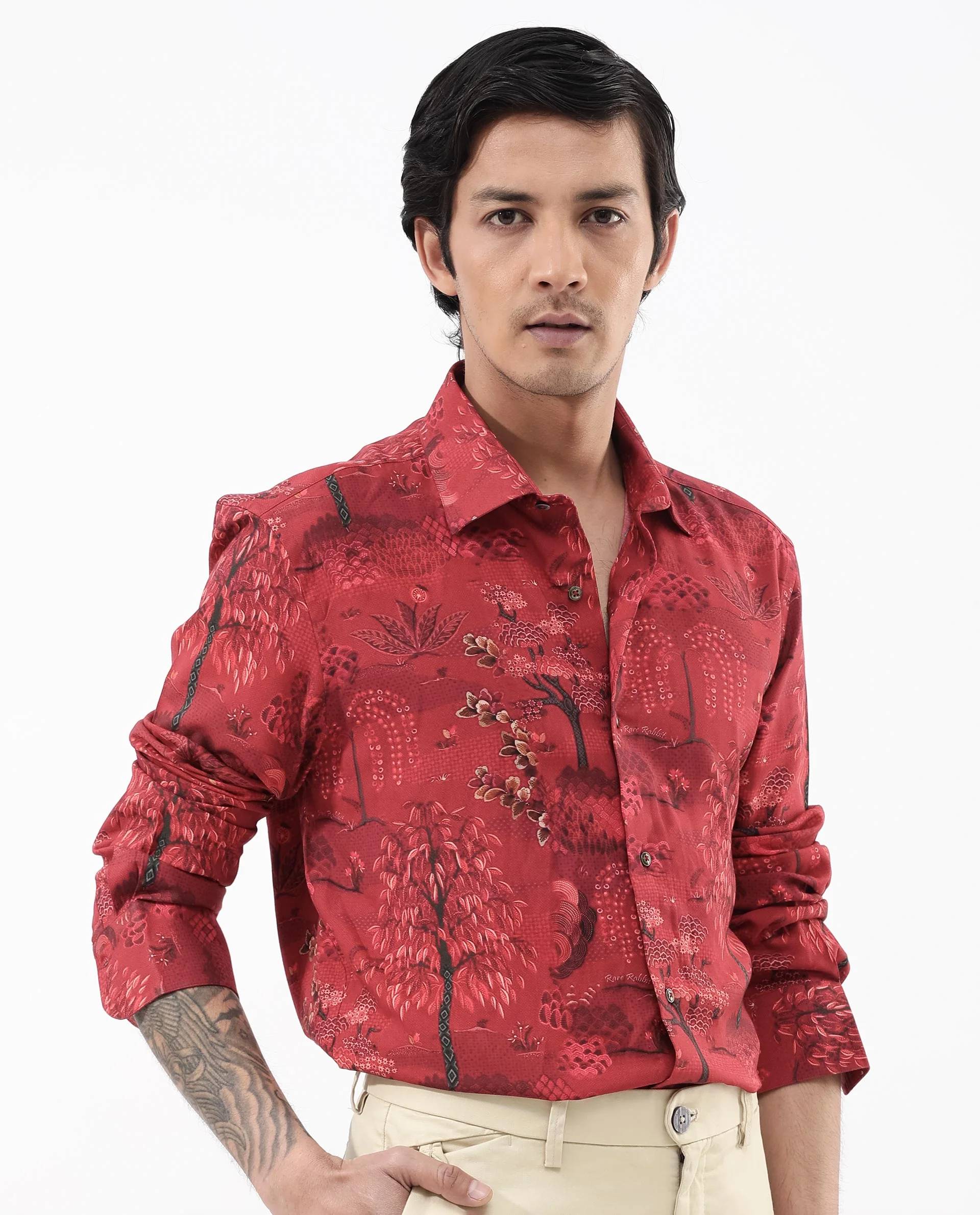 Rare Rabbit Men's Fornia Red Viscose Tropical Print Regular Fit Full Sleeve Collared Shirt - Image 9