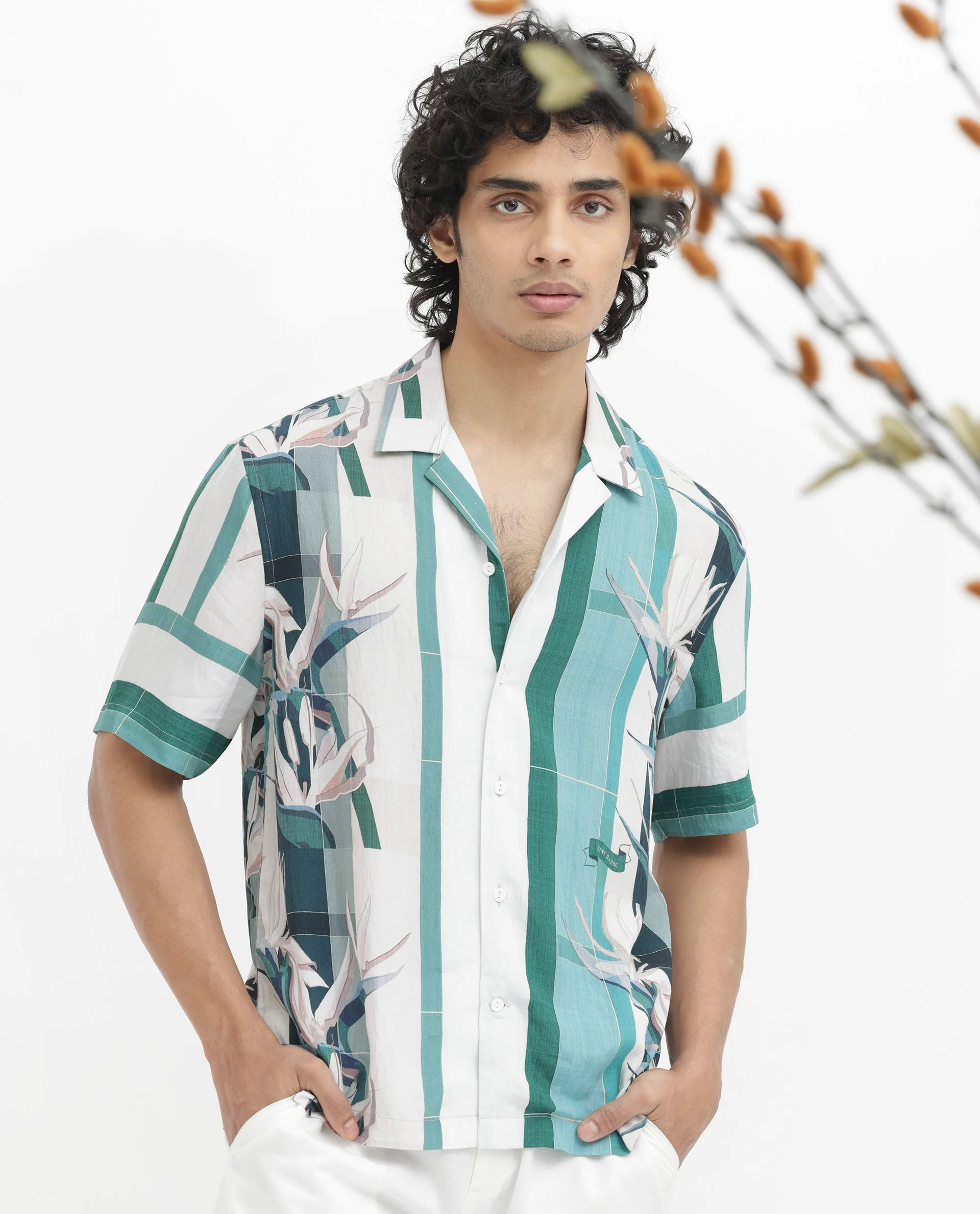 Rare Rabbit Men's Forsia Dusky Blue Viscose Floral Print Boxy Fit Half Sleeve Cuban Collar Shirt - Image 3