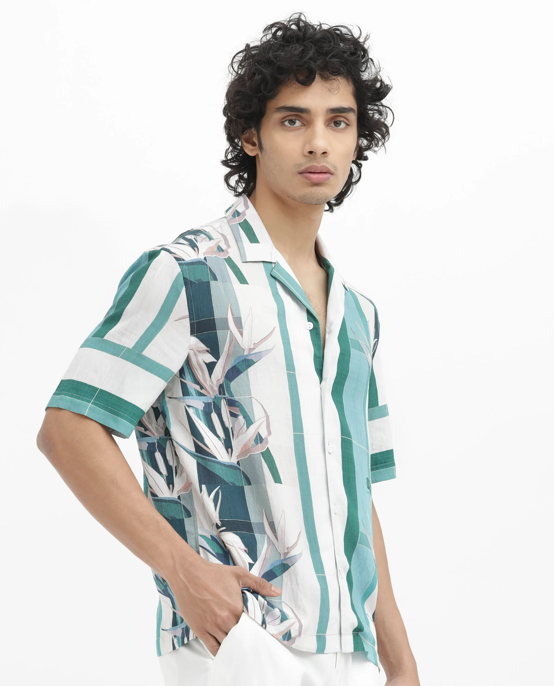 Rare Rabbit Men's Forsia Dusky Blue Viscose Floral Print Boxy Fit Half Sleeve Cuban Collar Shirt - Image 8