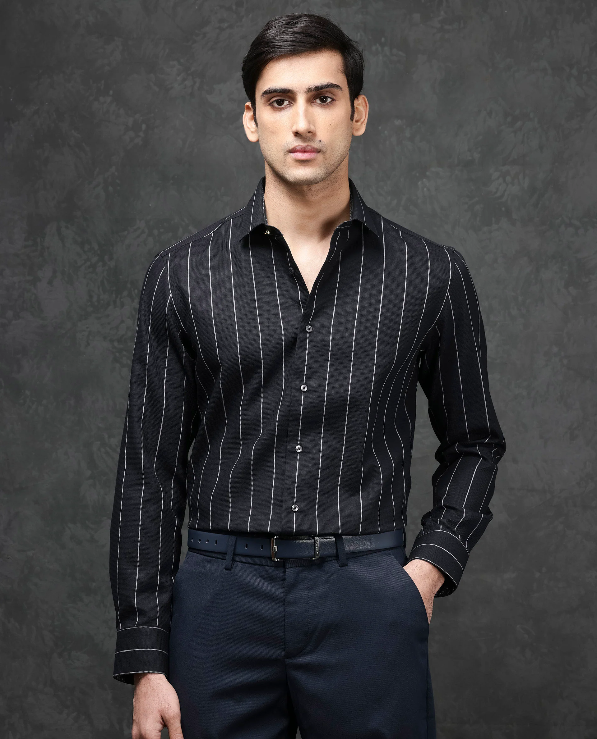 Rare Rabbit Men's Forty Black Cotton Striped Print Regular Fit Full Sleeve Collared Shirt - Image 3