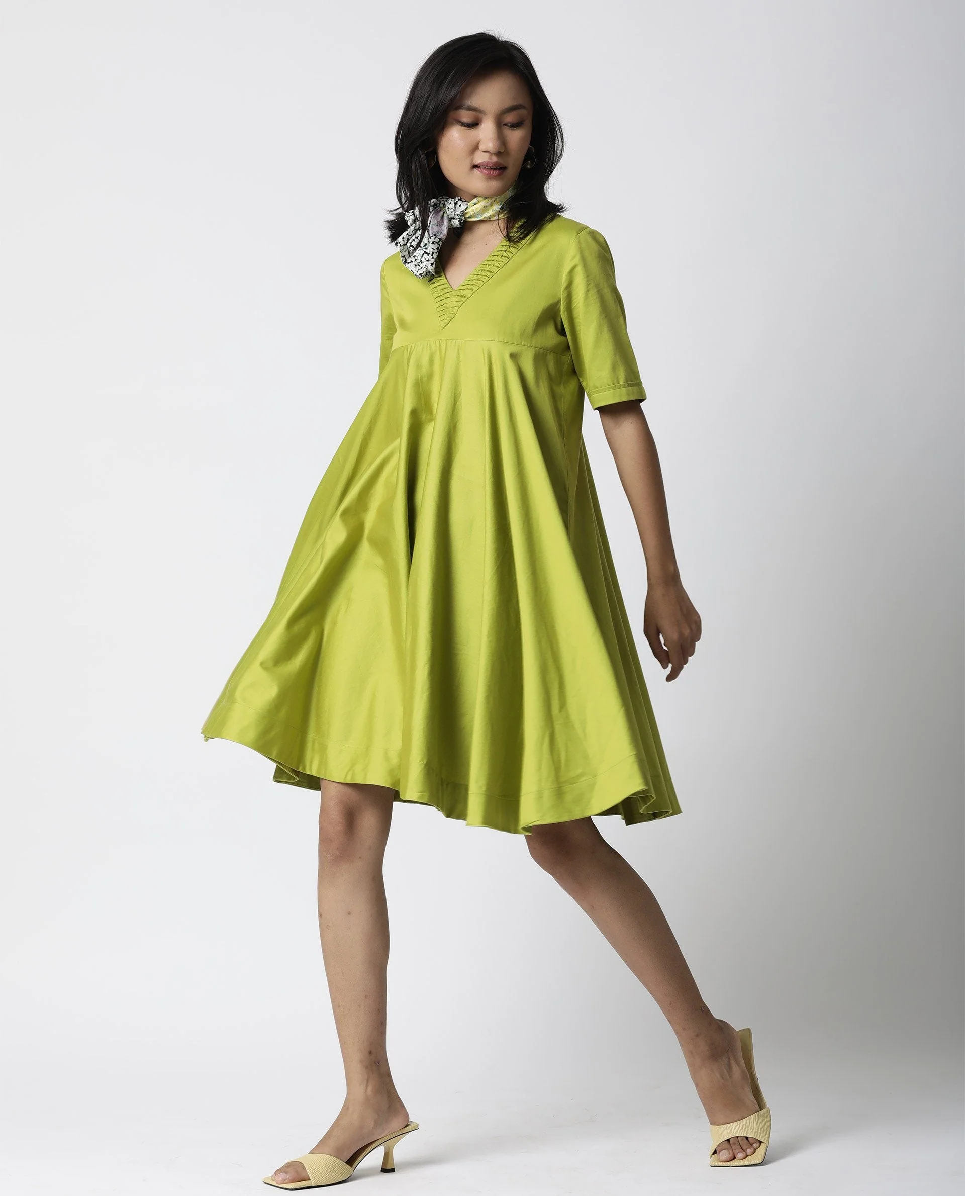 Rareism Women Foster Green Dress Short Sleeves Solid - Image 3