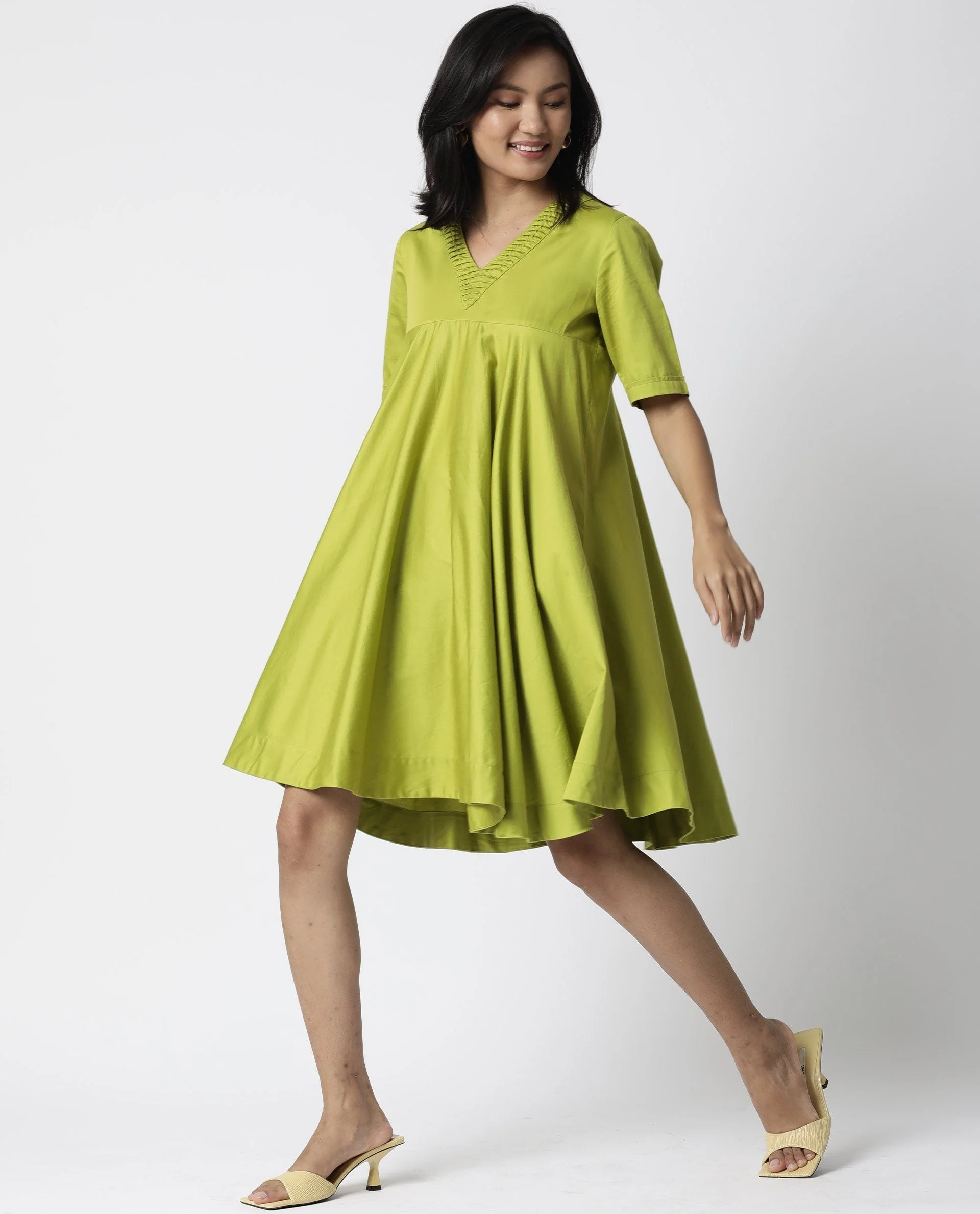 Rareism Women Foster Green Dress Short Sleeves Solid - Image 6