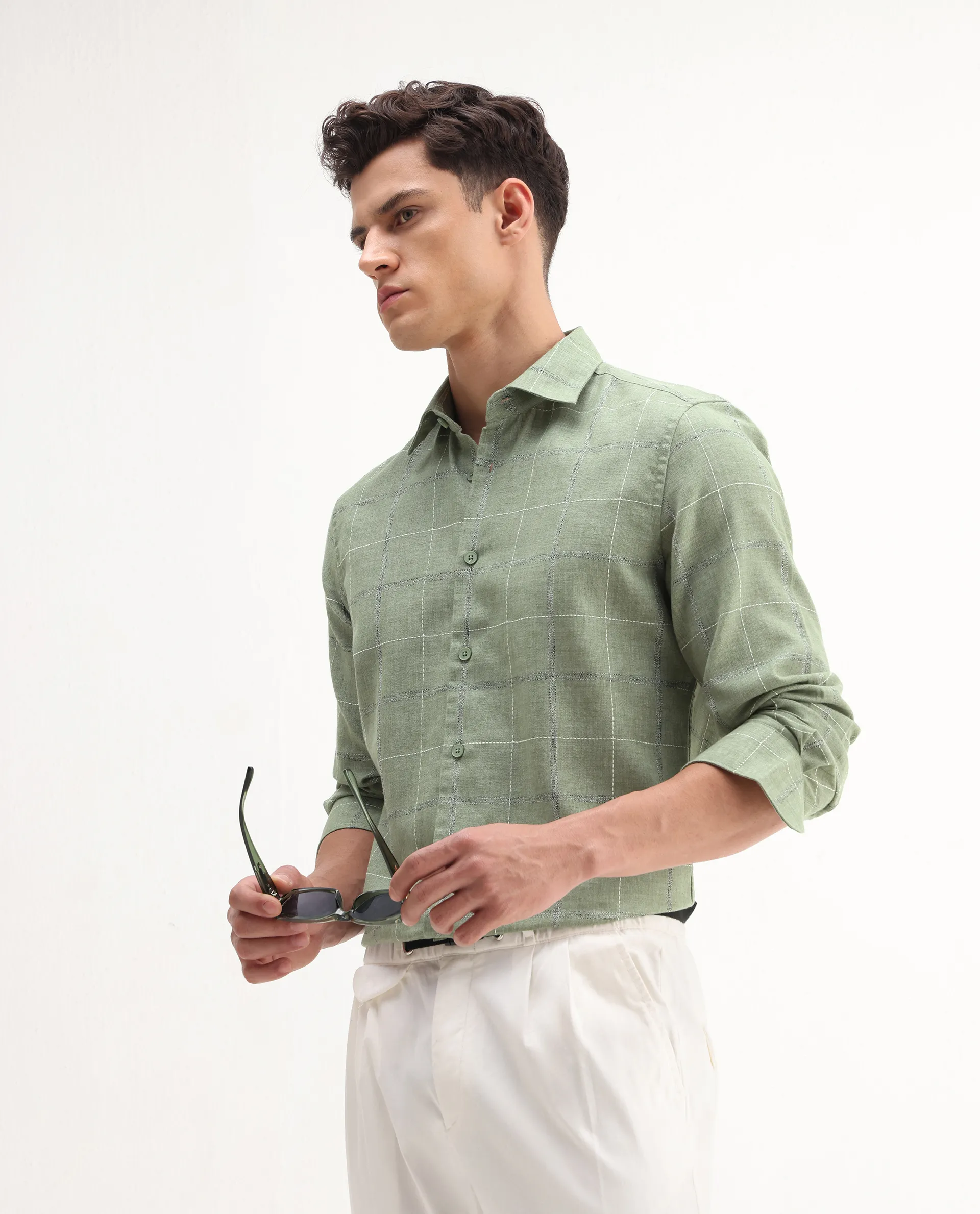 Rare Rabbit Men's Foter Green Polyester Blend Embroidered Regular Fit Full Sleeve Collared Shirt