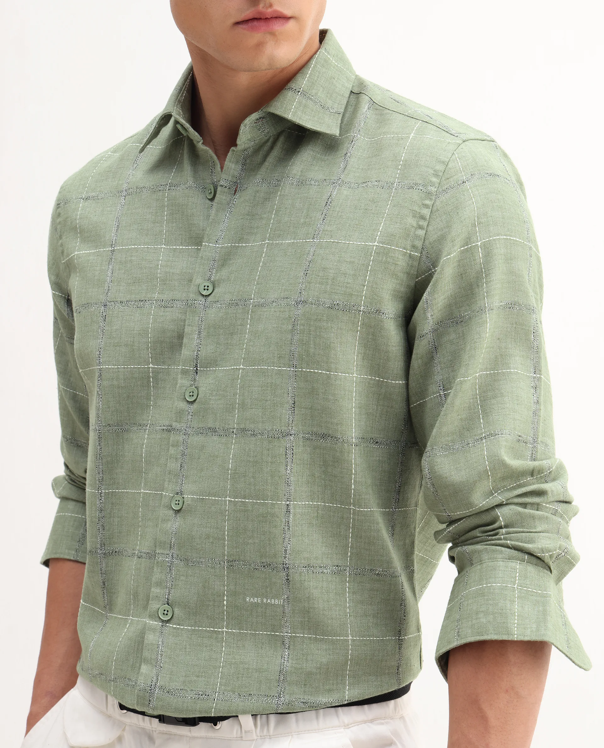 Rare Rabbit Men's Foter Green Polyester Blend Embroidered Regular Fit Full Sleeve Collared Shirt - Image 3