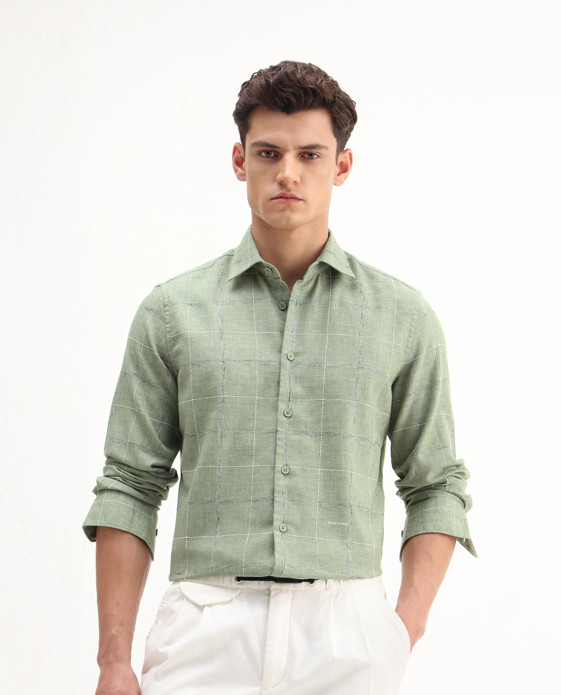 Rare Rabbit Men's Foter Green Polyester Blend Embroidered Regular Fit Full Sleeve Collared Shirt - Image 4