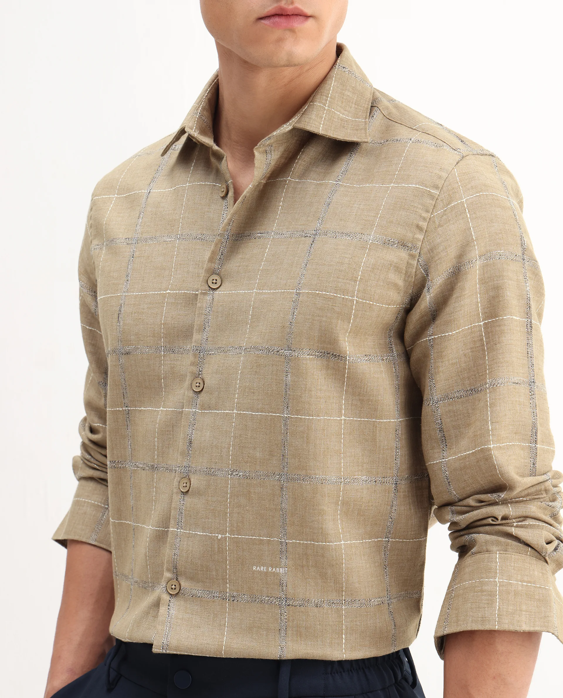 Rare Rabbit Men's Foter Khaki Polyester Blend Embroidered Regular Fit Full Sleeve Collared Shirt - Image 3