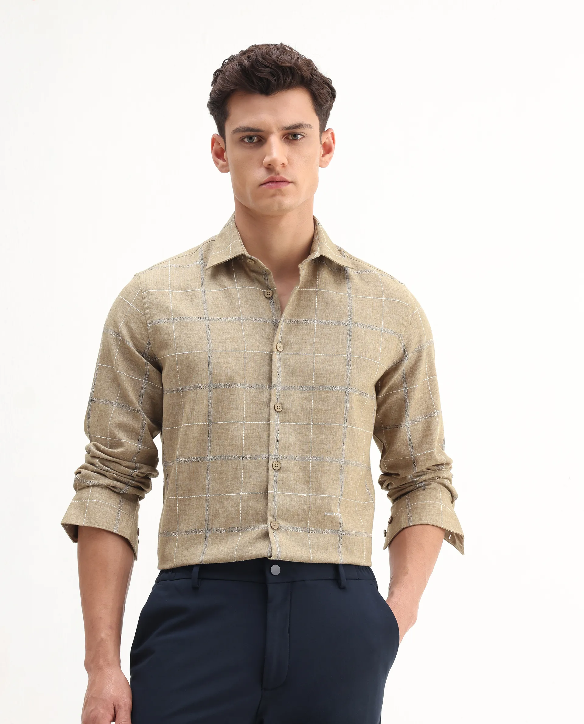 Rare Rabbit Men's Foter Khaki Polyester Blend Embroidered Regular Fit Full Sleeve Collared Shirt - Image 4