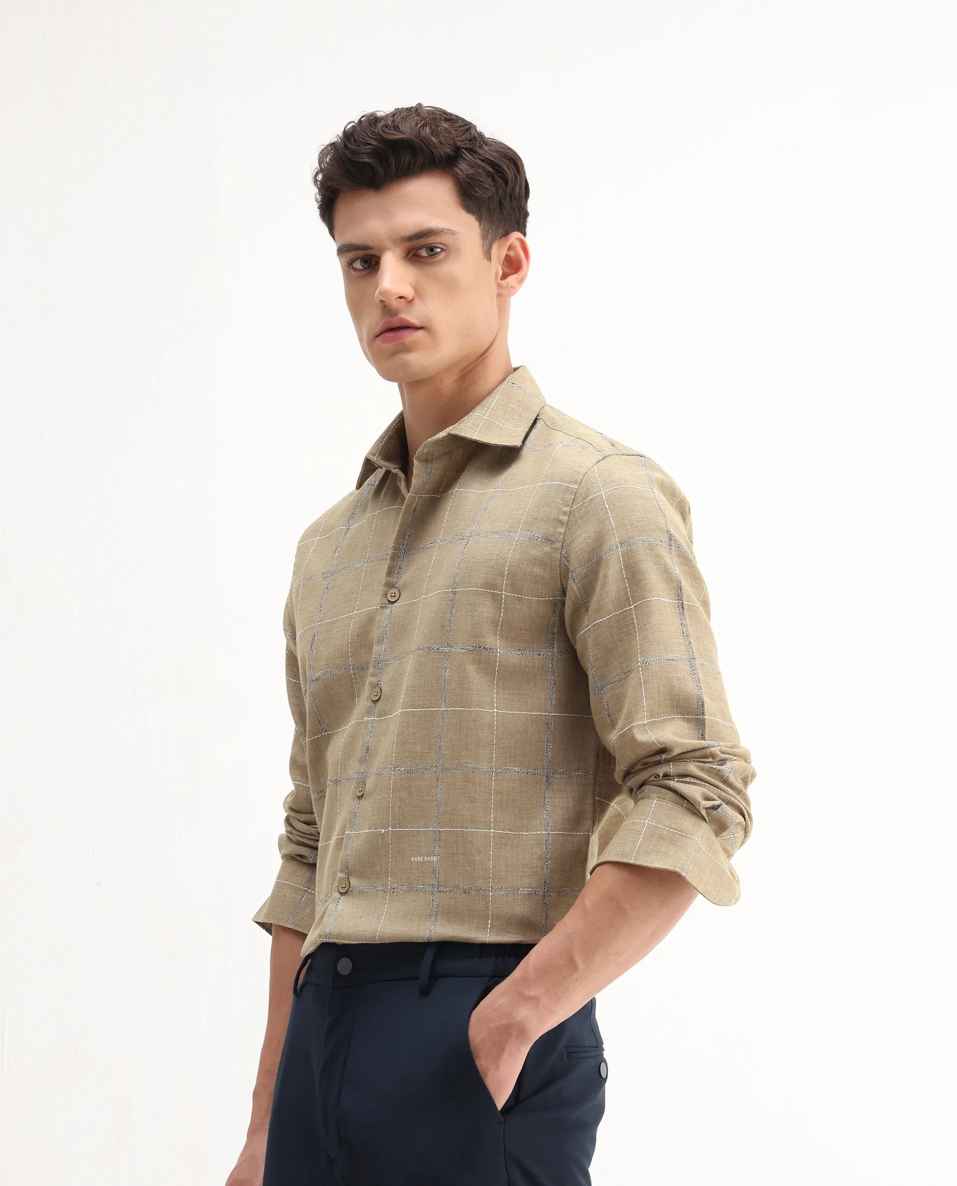 Rare Rabbit Men's Foter Khaki Polyester Blend Embroidered Regular Fit Full Sleeve Collared Shirt - Image 5