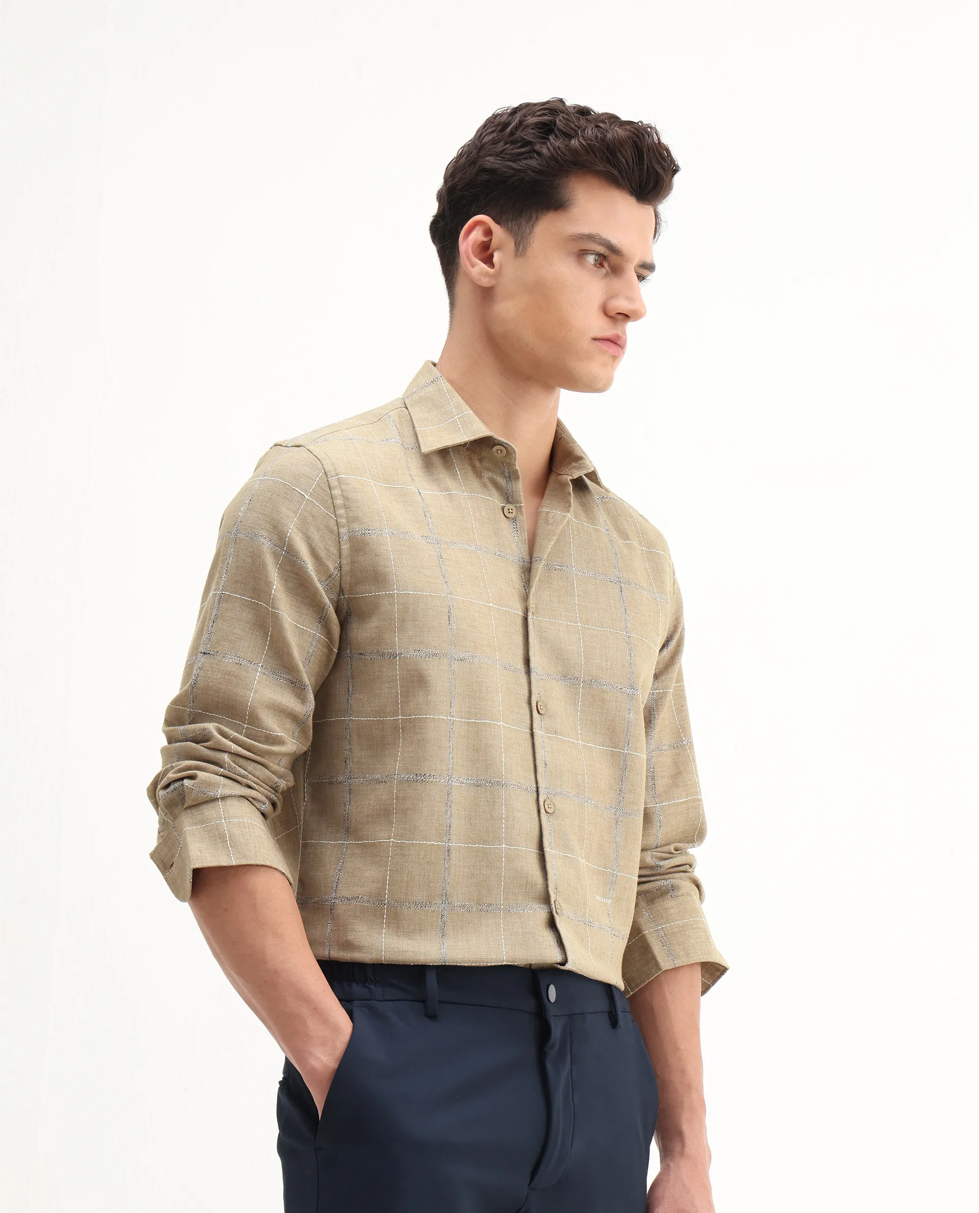 Rare Rabbit Men's Foter Khaki Polyester Blend Embroidered Regular Fit Full Sleeve Collared Shirt - Image 6