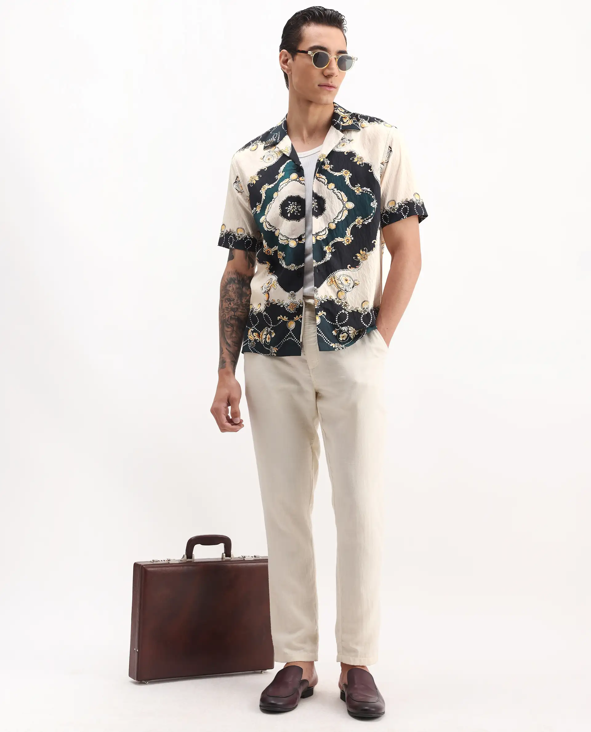 Rare Rabbit Men's Fovix Off Whte Viscose Blend Ornamental Print Relaxed Fit Half Sleeve Cuban Collar Shirt - Image 2